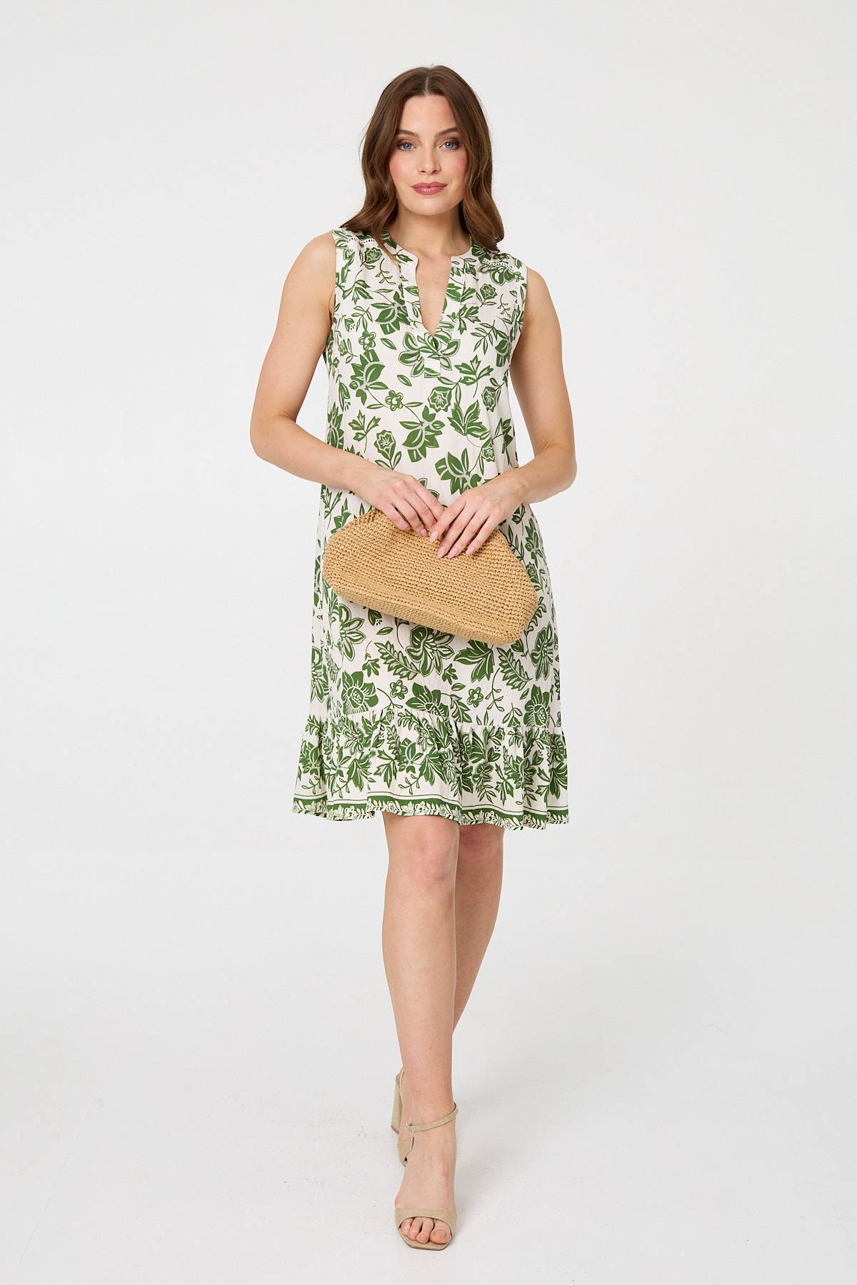 Leaf Print Knee Length Sleeveless Dress Detail View