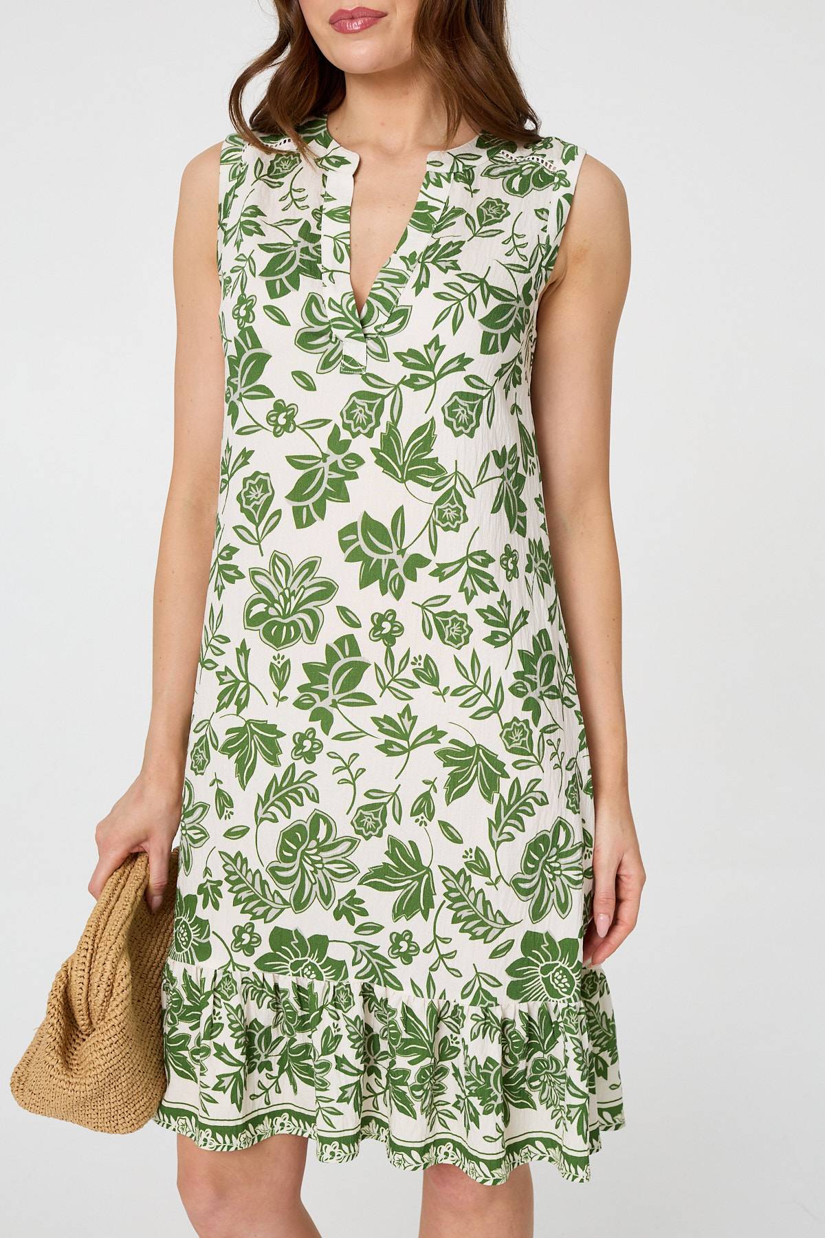 Leaf Print Knee Length Sleeveless Dress Full Length View