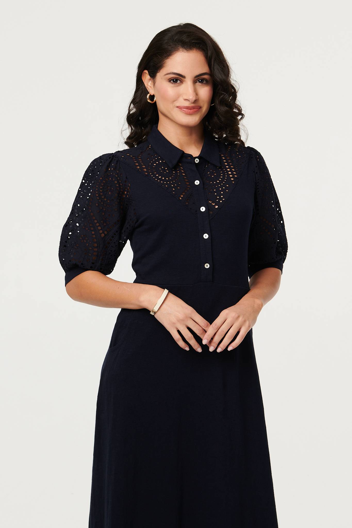 Embroidered Texture Midi Shirt Dress Back View
