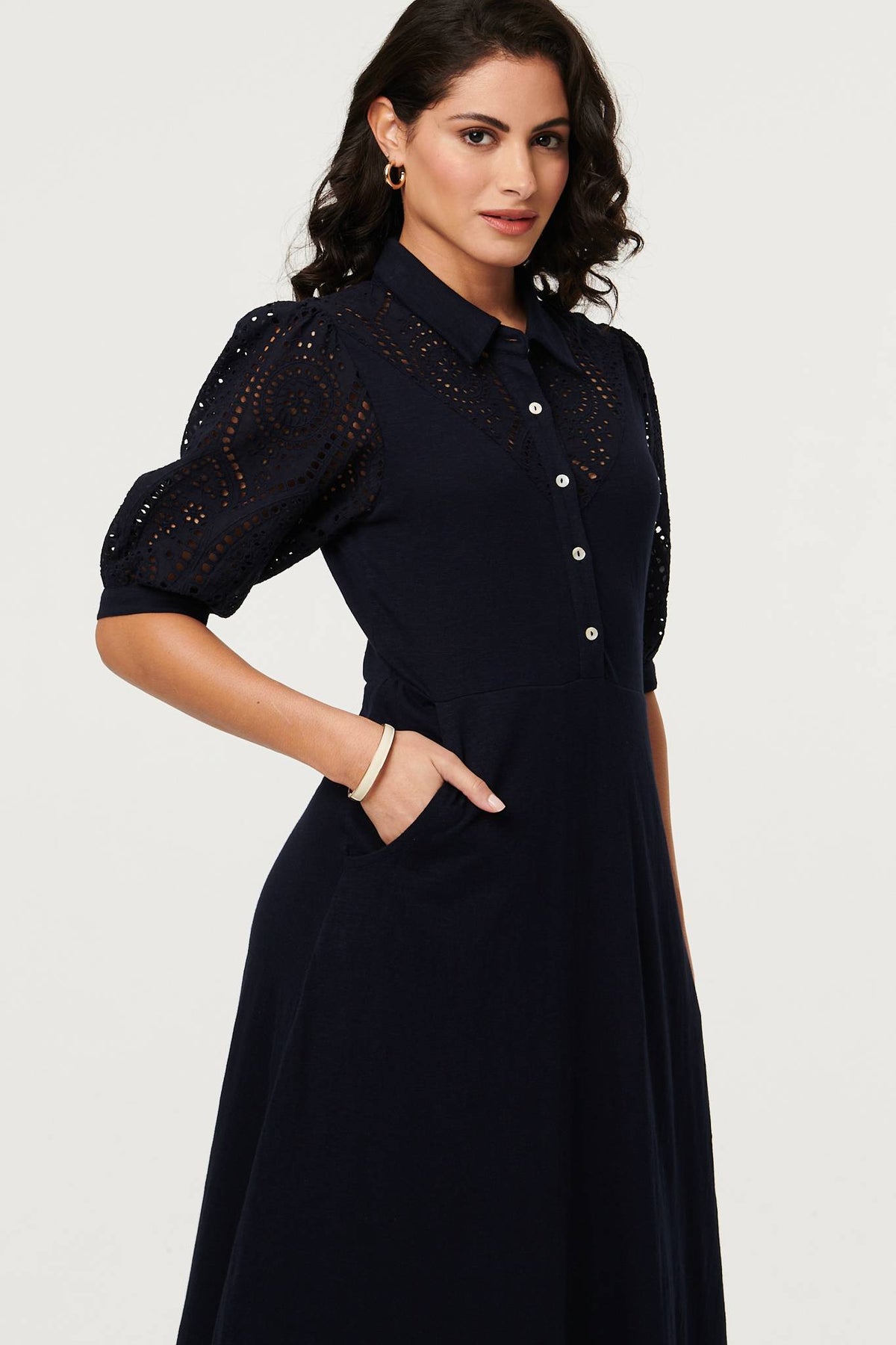 Embroidered Texture Midi Shirt Dress Styled View