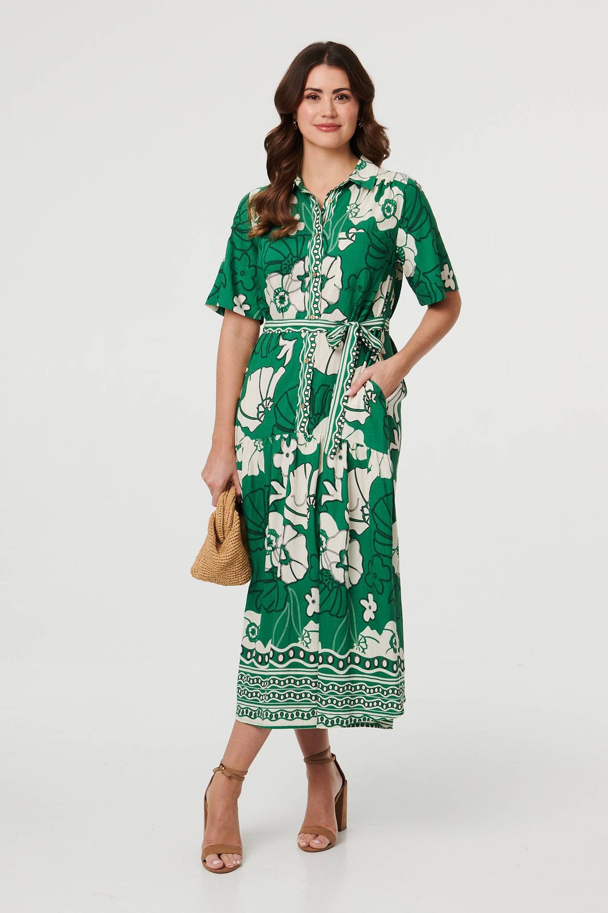 Floral Tie 1/2 Sleeve Maxi Shirt Dress Front View