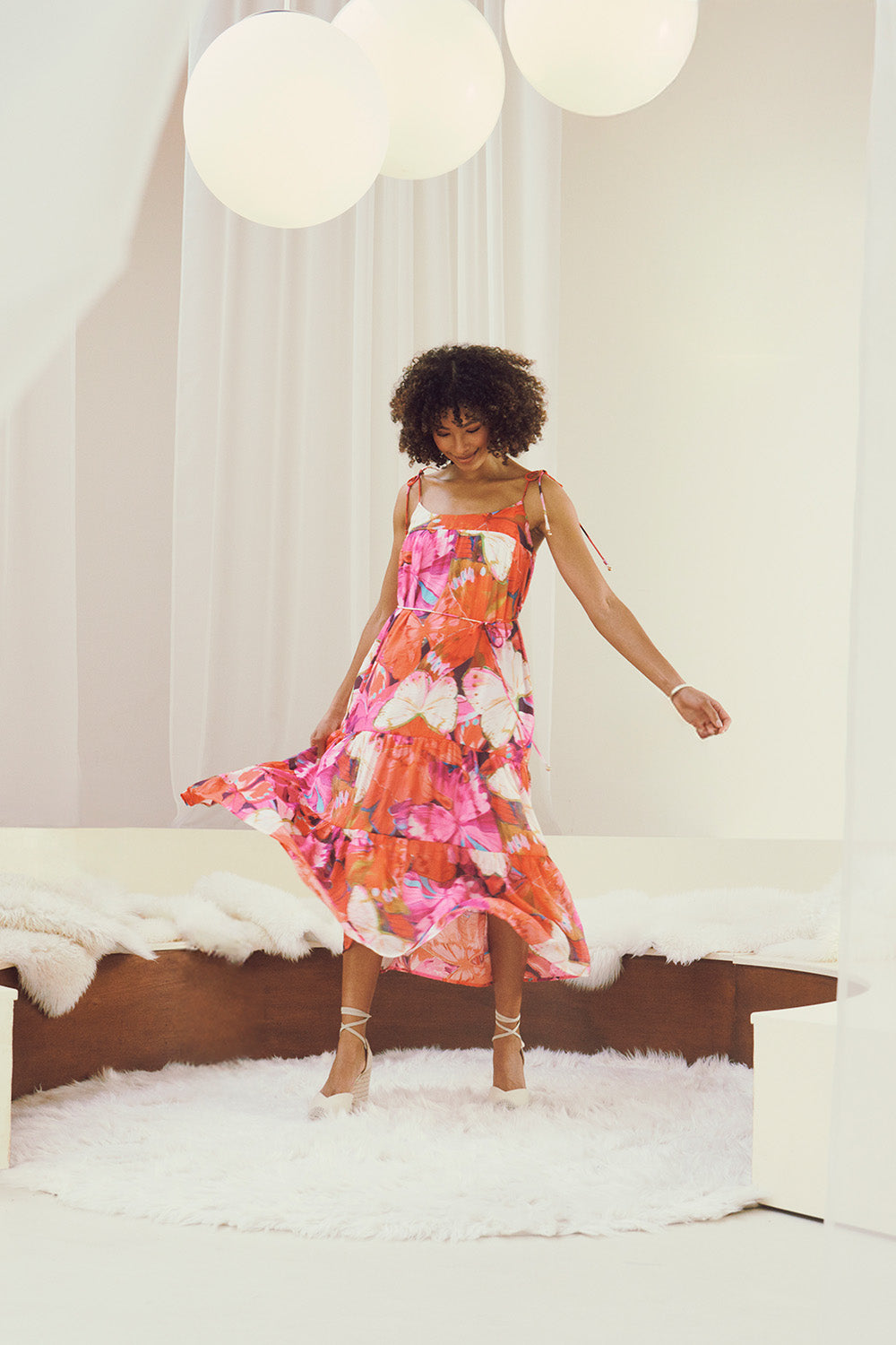 Floral Tie Strap Tiered Midi Dress Back View