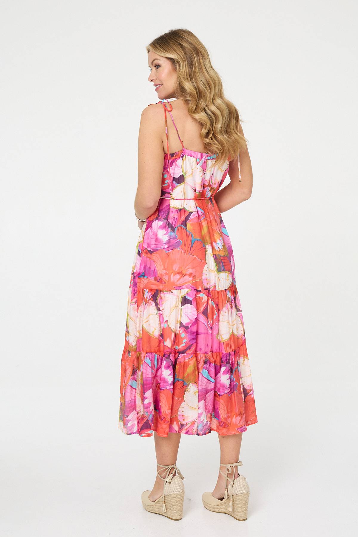 Floral Tie Strap Tiered Midi Dress Styled View