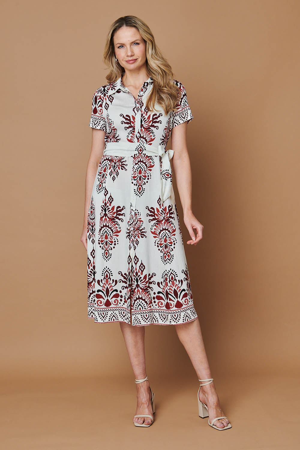 Border Print Short Sleeve Midi Dress Front View
