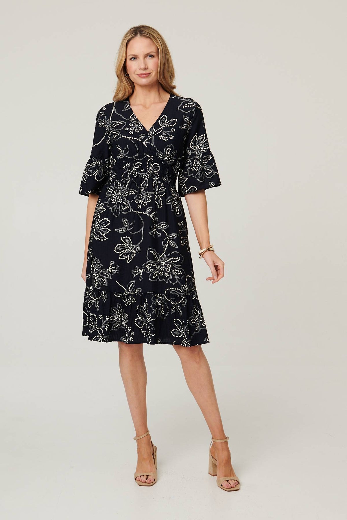 Printed Flare Sleeve Knee Length Dress Front View