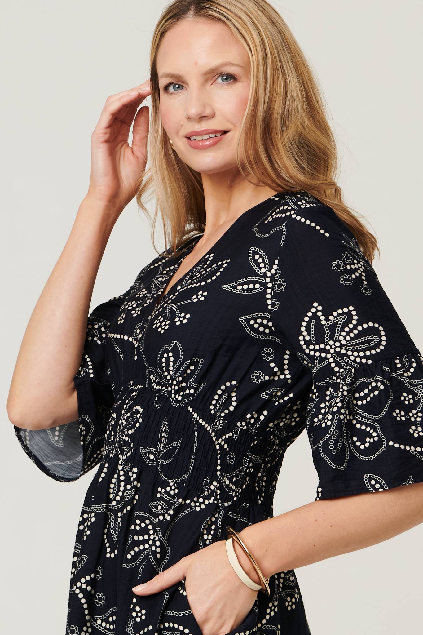 Printed Flare Sleeve Knee Length Dress Styled View