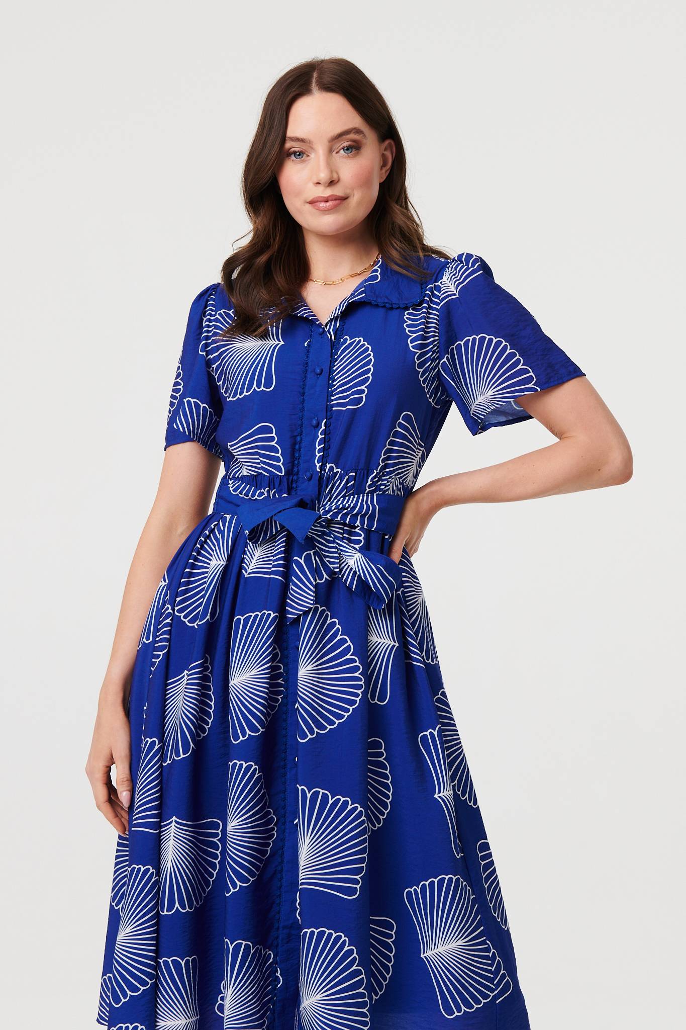 Printed Short Sleeve Tie Midi Dress Back View