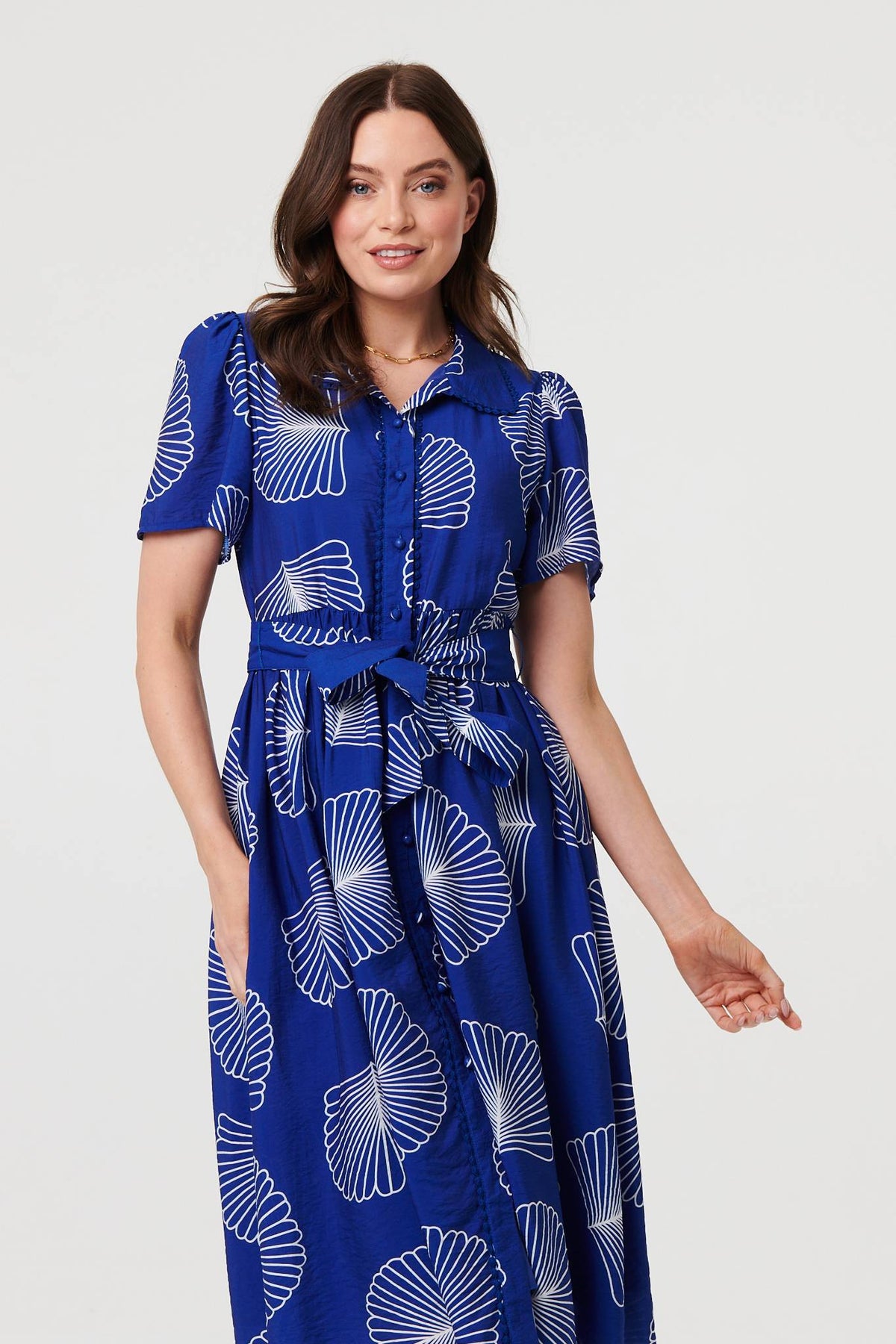 Printed Short Sleeve Tie Midi Dress Styled View