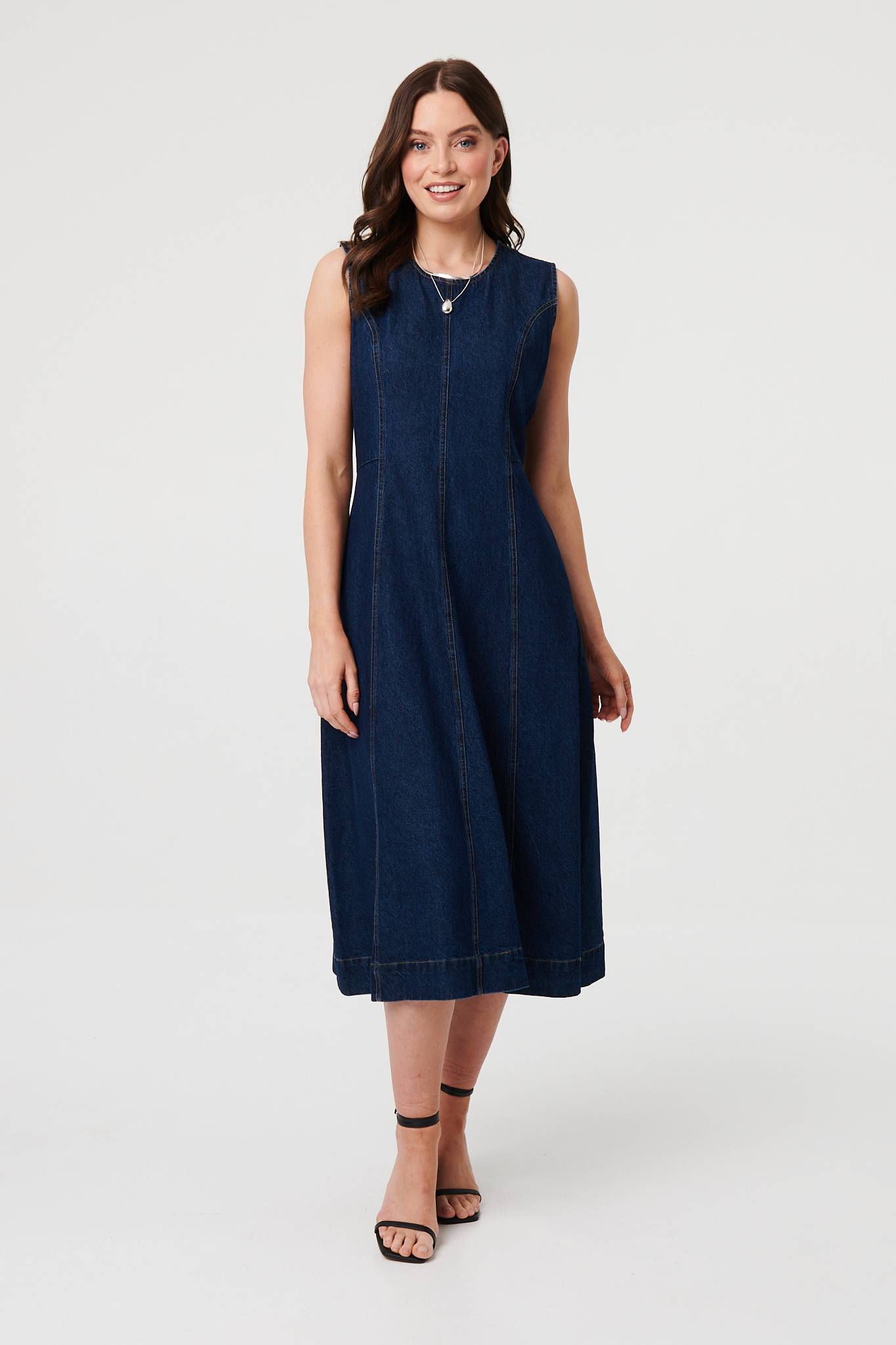 Denim Sleeveless Midi A-Line Dress Back View