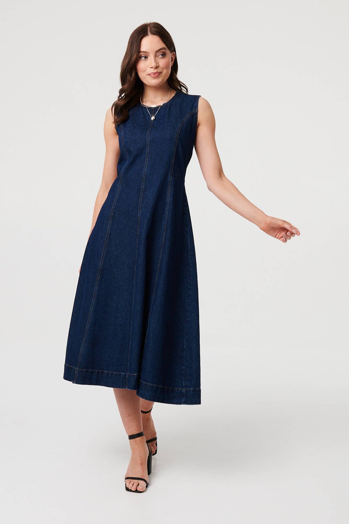 Denim Sleeveless Midi A-Line Dress Styled View