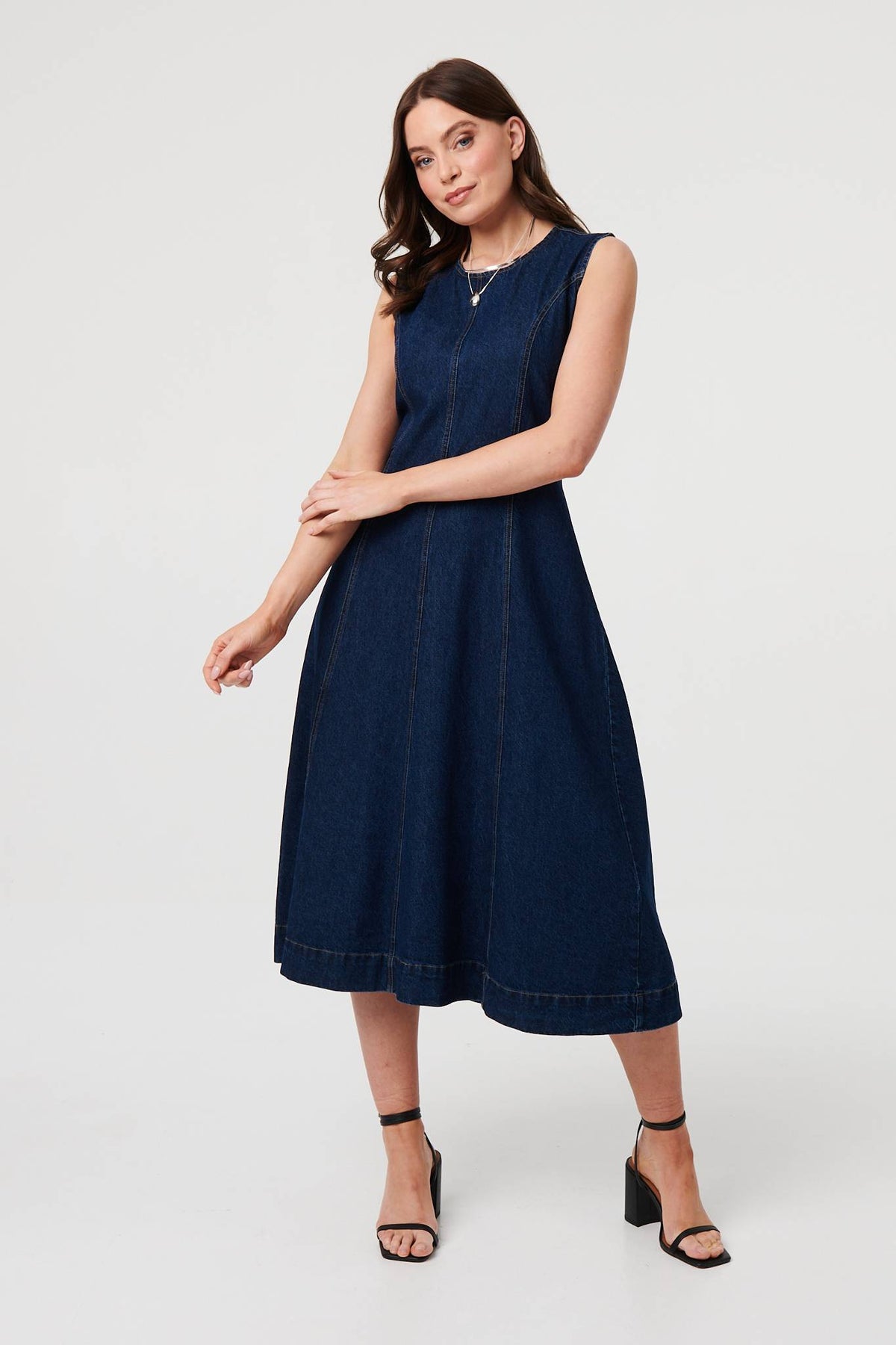 Denim Sleeveless Midi A-Line Dress Full Length View