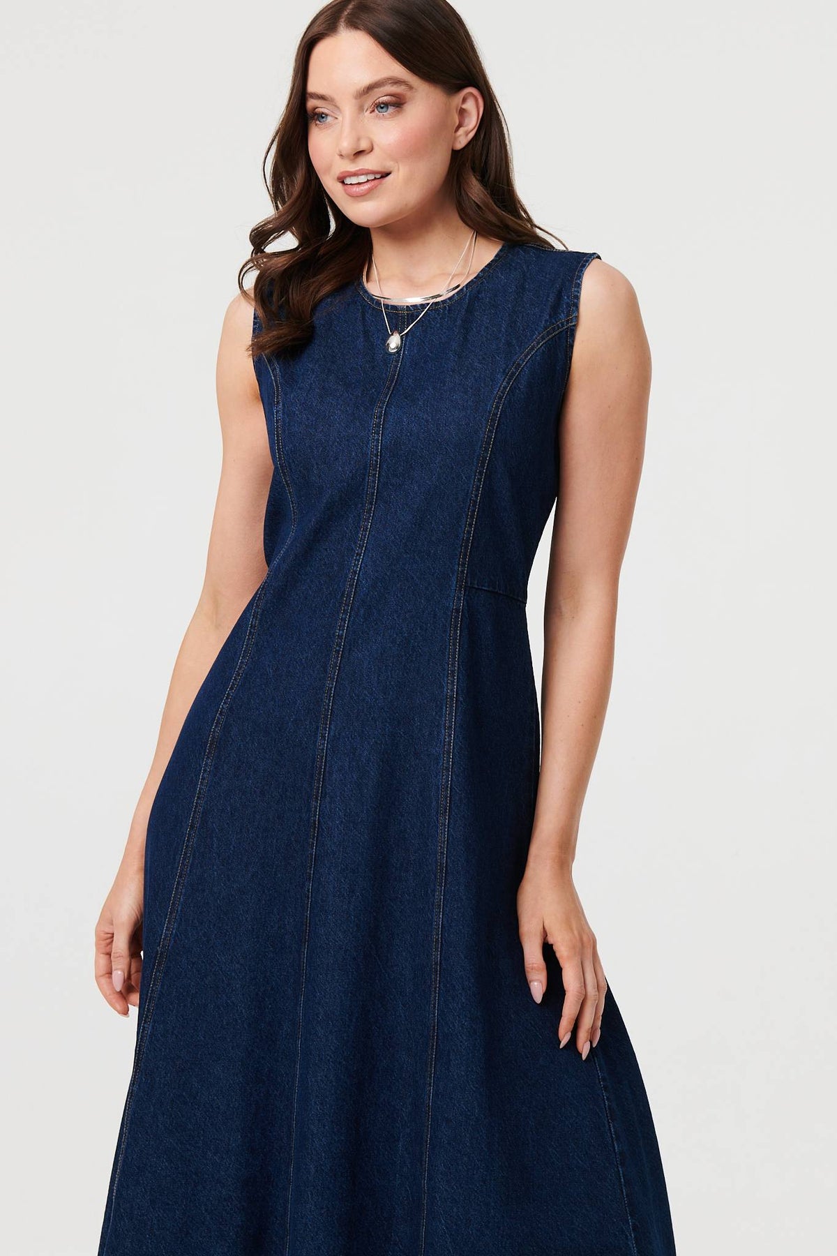 Denim Sleeveless Midi A-Line Dress Front View 2