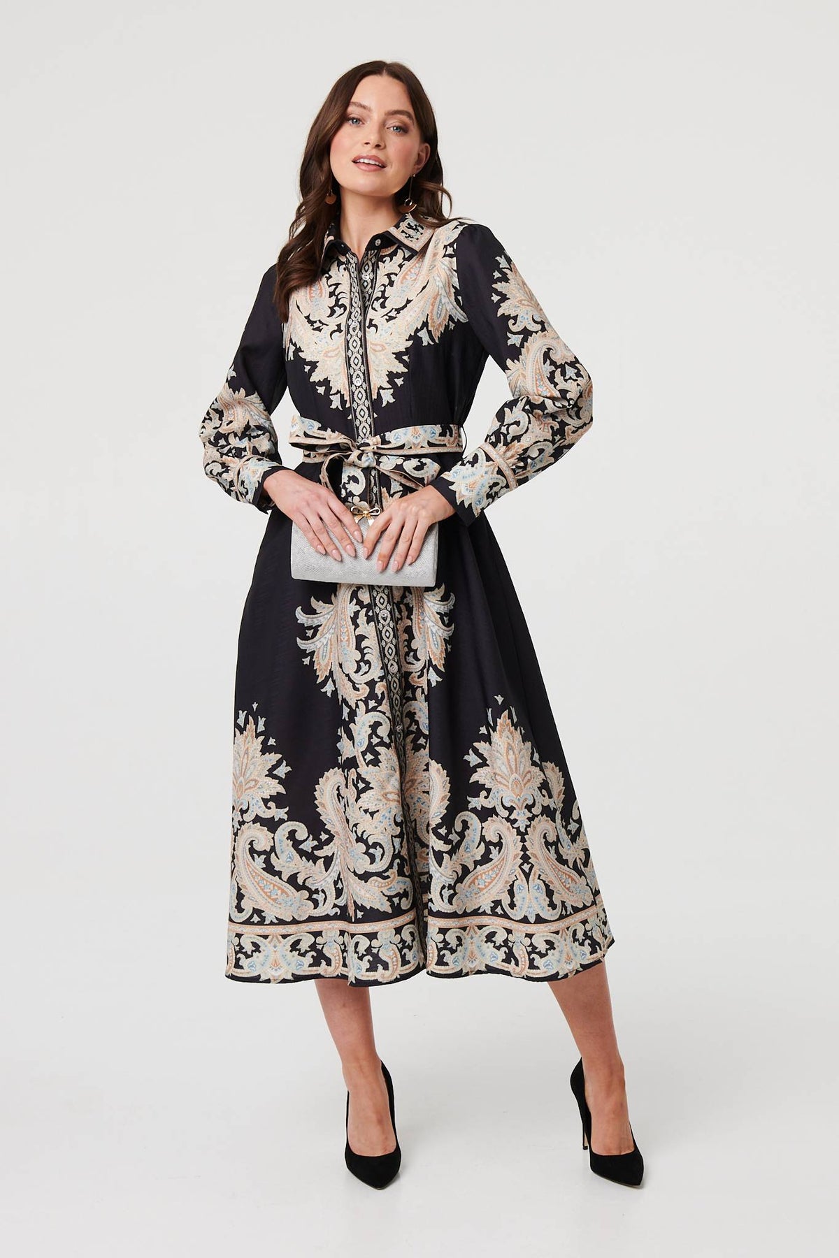 Floral Border Tie Waist Midi Dress Front View