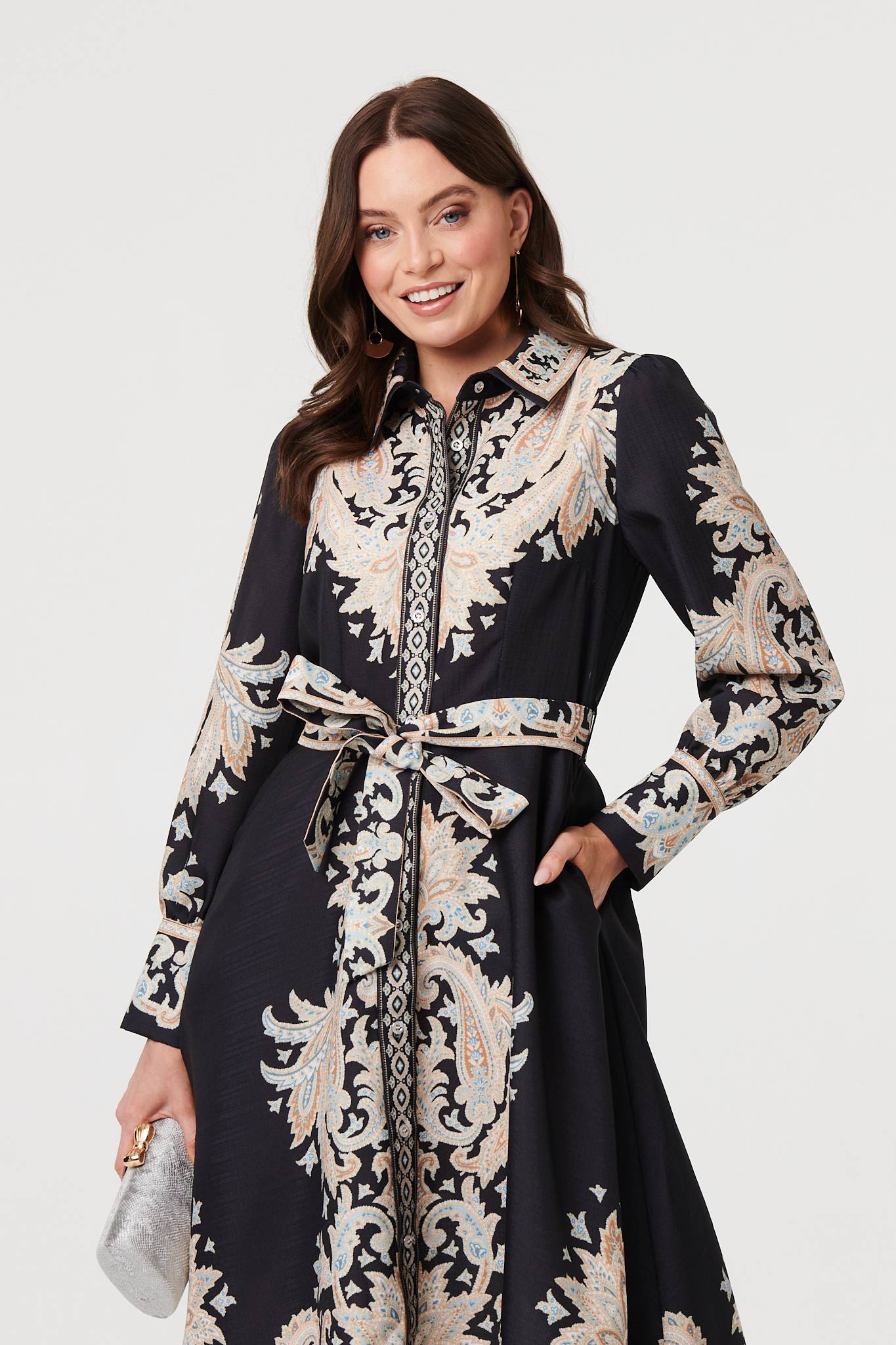 Floral Border Tie Waist Midi Dress Styled View