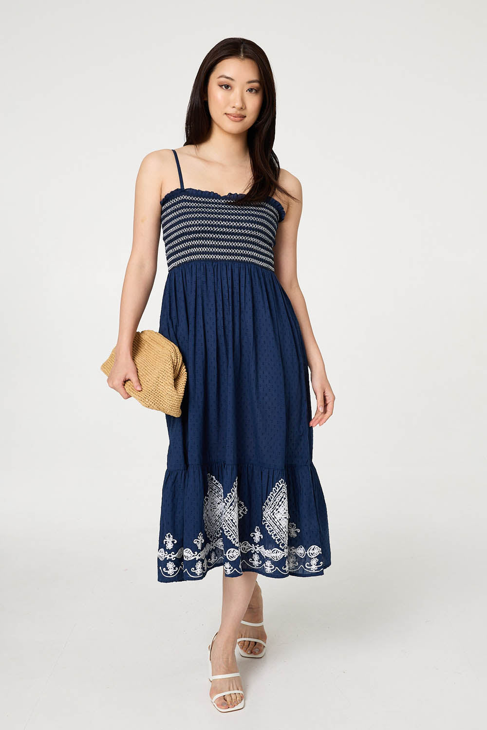 Embroidered Border Cami Strap Midi Dress Front View