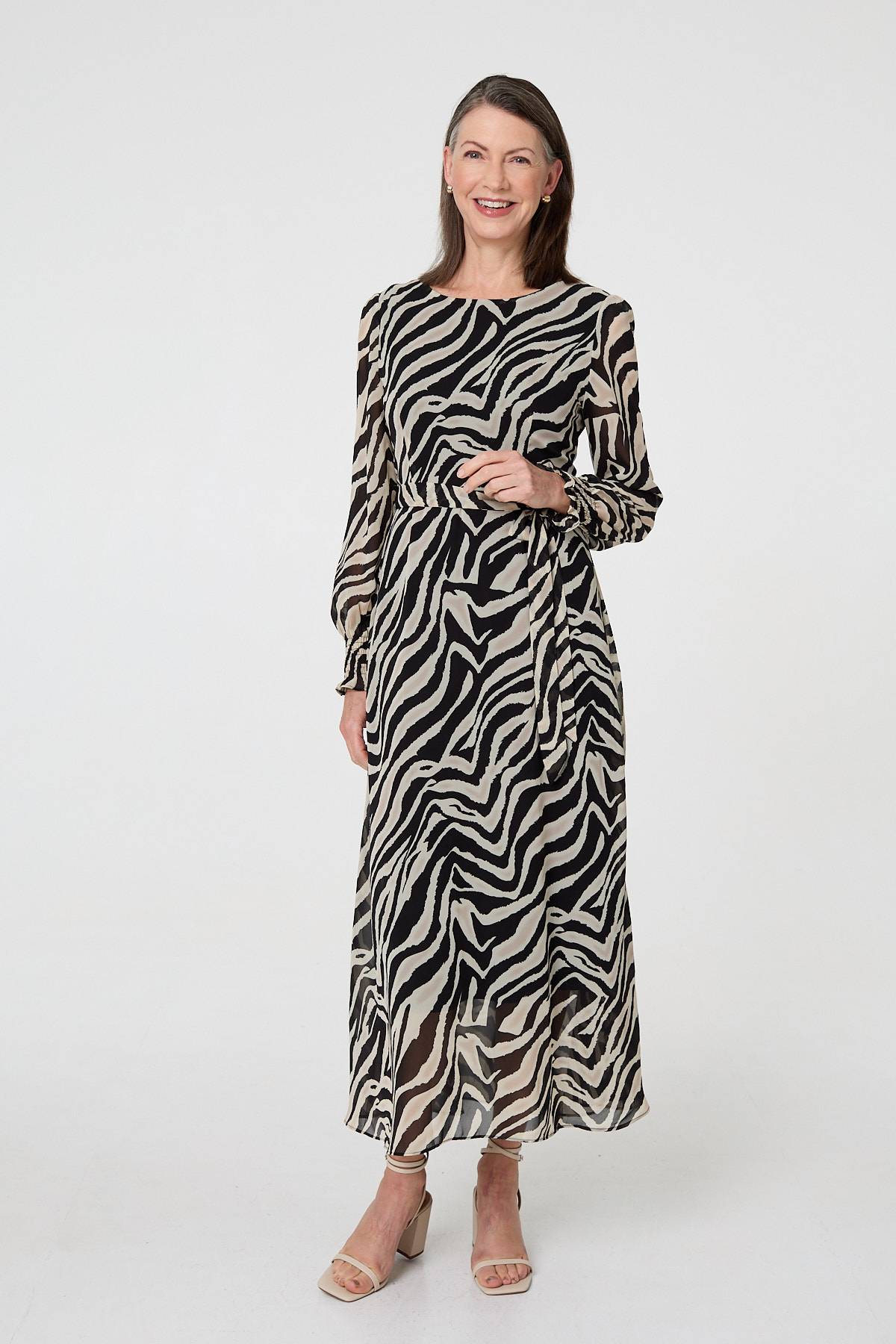 Zebra Print Layered Tie Waist Maxi Dress Front View
