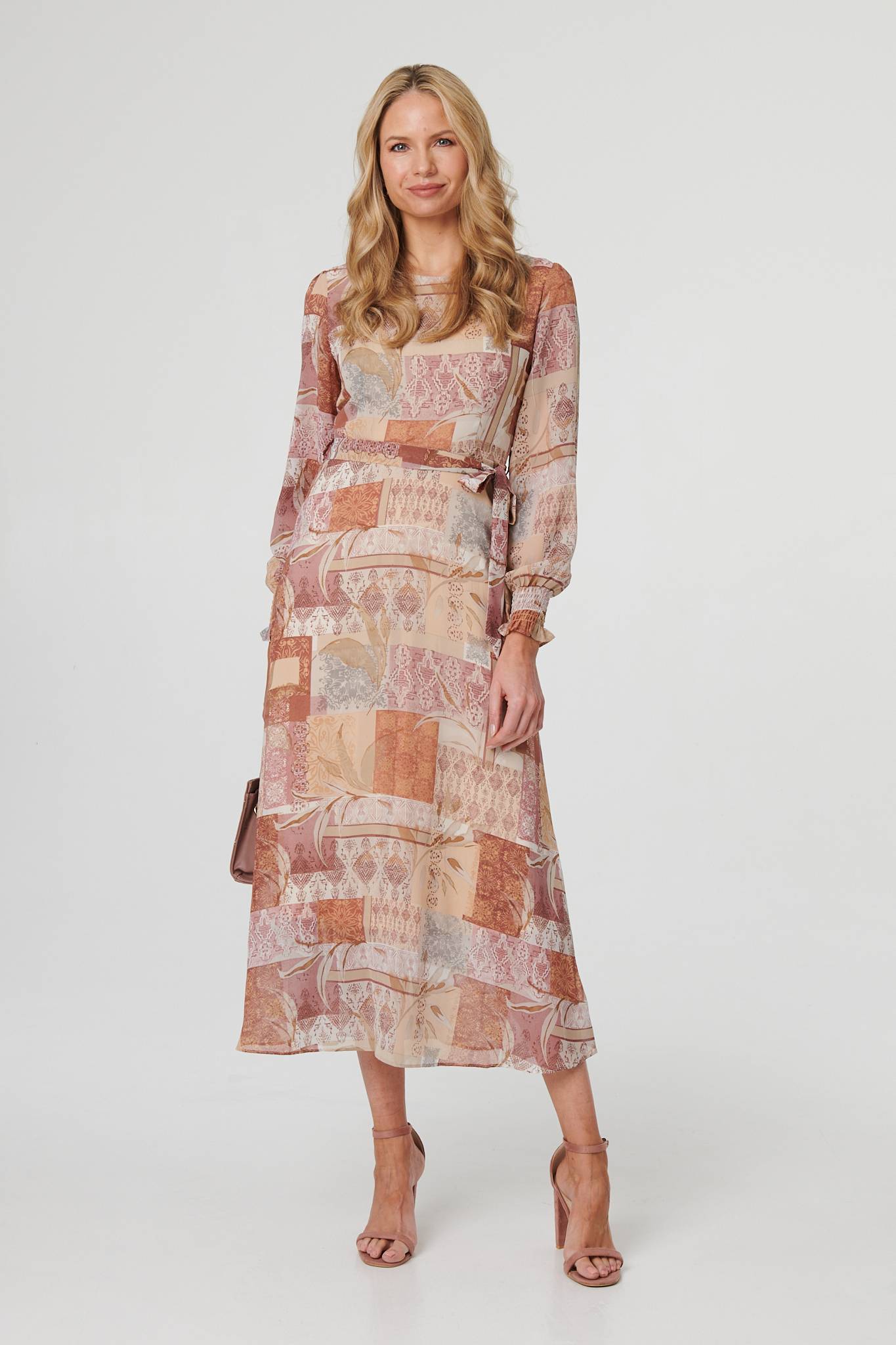 Patchwork Tie Long Sleeve Maxi Dress Styled View