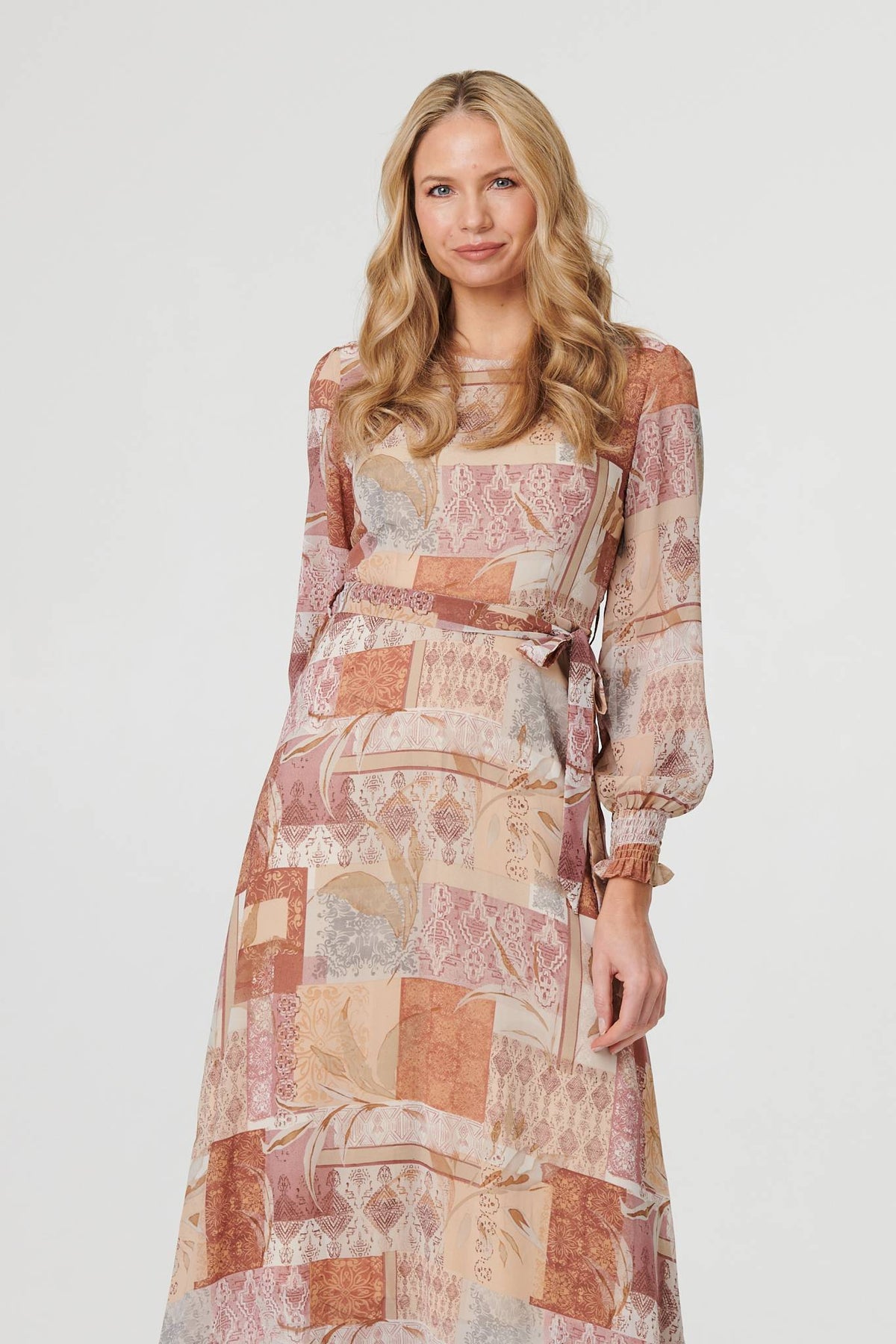 Patchwork Tie Long Sleeve Maxi Dress Back View