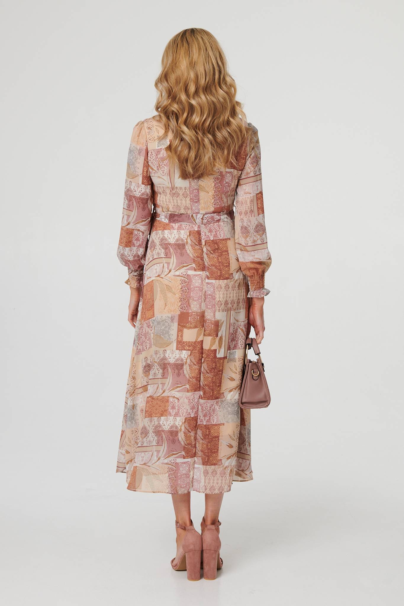 Patchwork Tie Long Sleeve Maxi Dress Side View