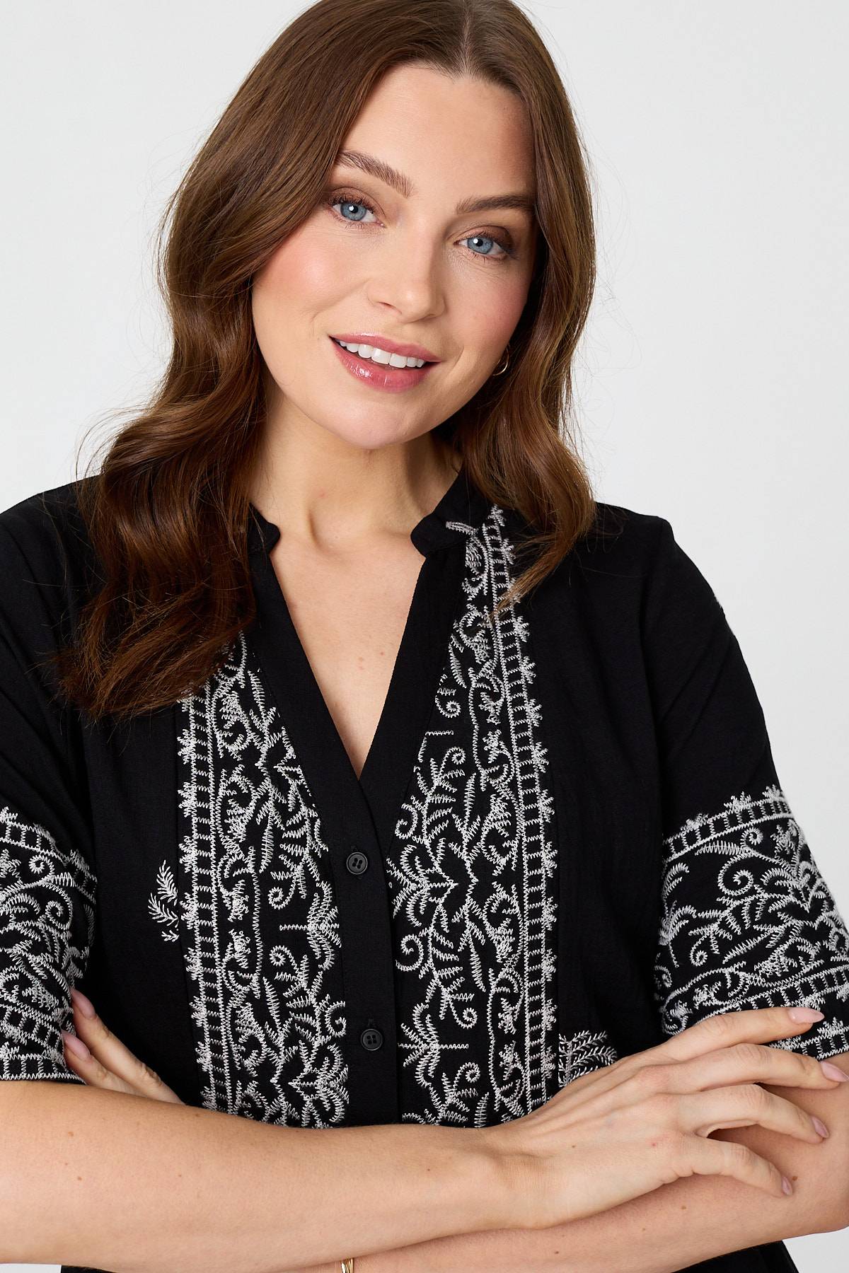 Border Print 1/2 Sleeve Short Dress Styled View