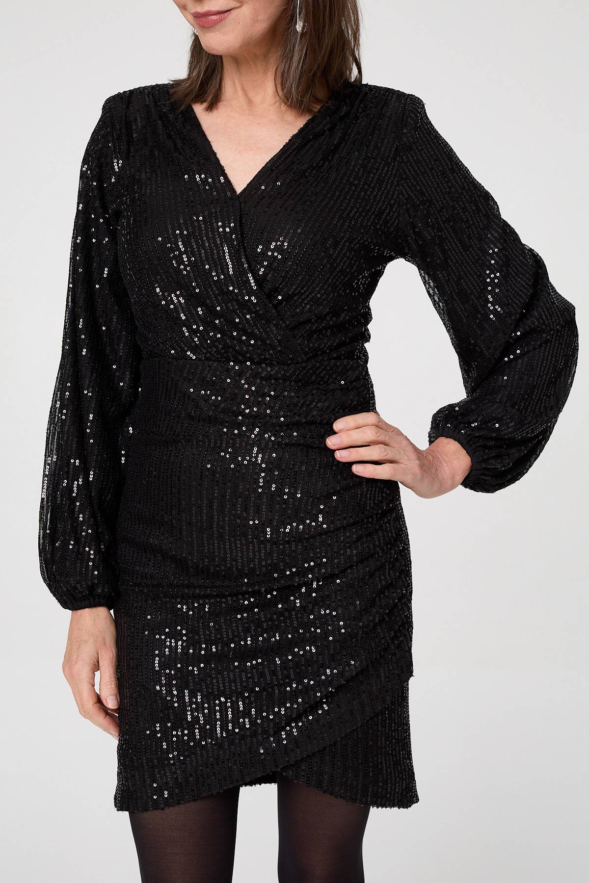 Sequinned Long Sleeve Short Wrap Dress Styled View