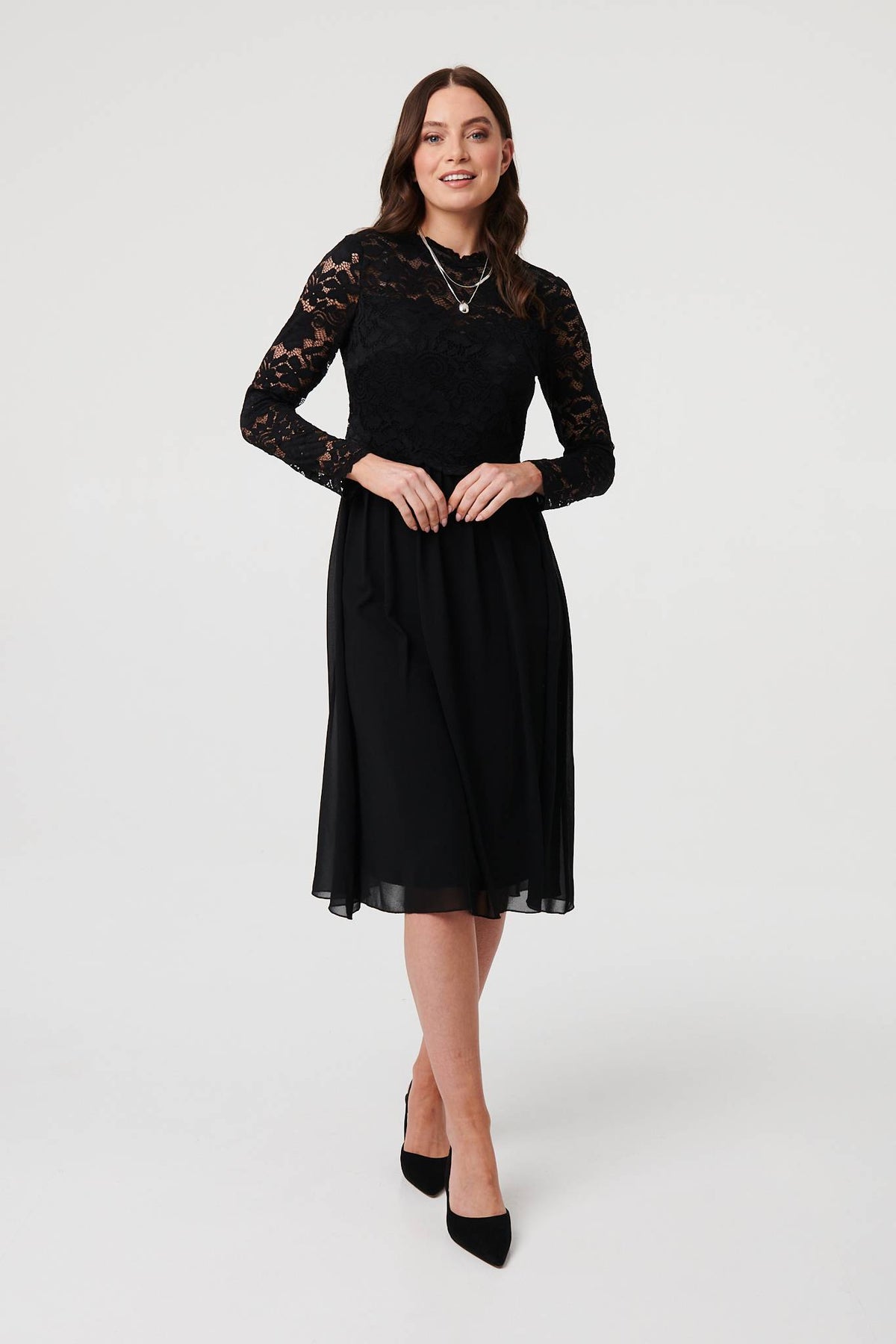 Lace Semi Sheer Layer Knee Length Dress Front View