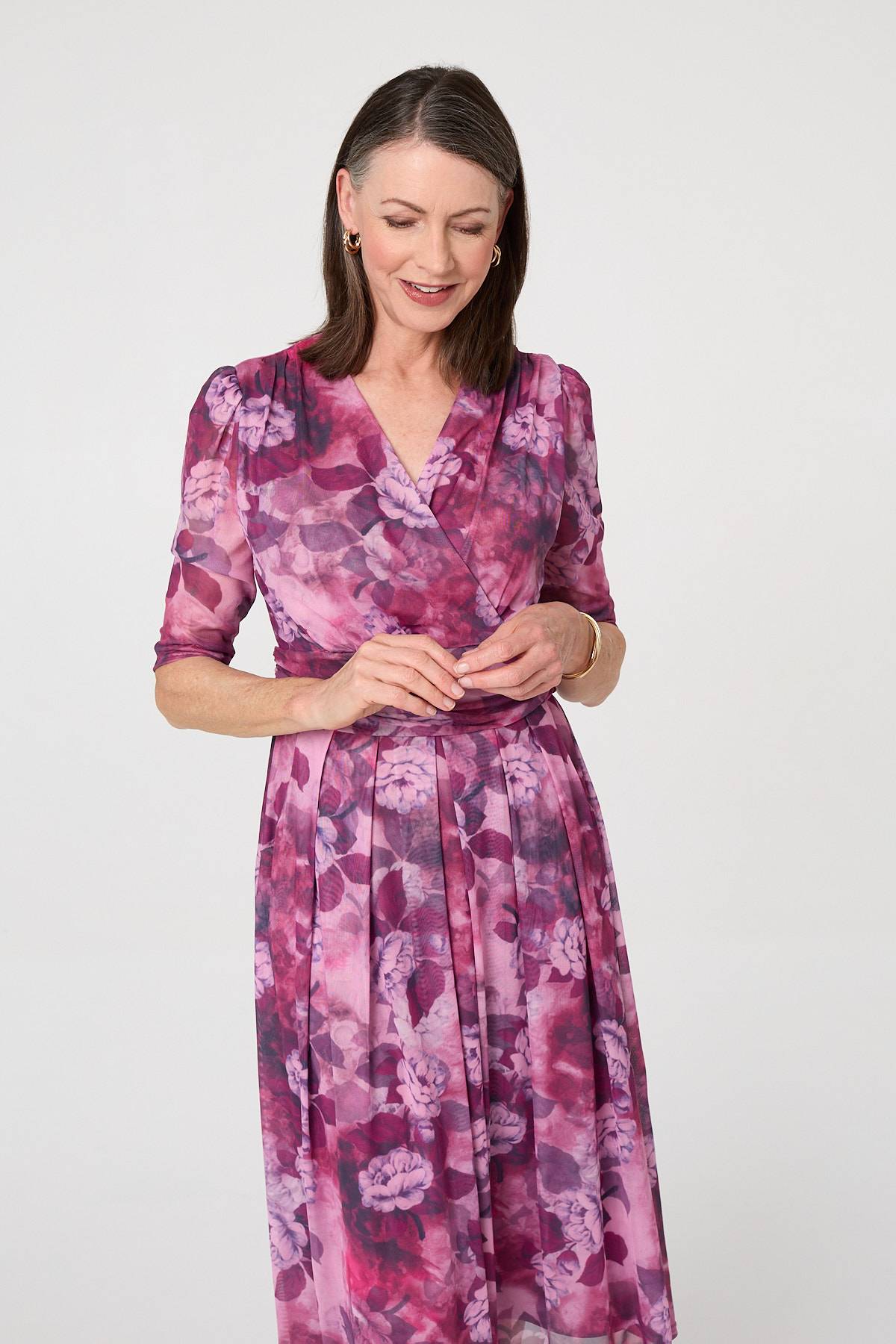 Floral Mesh Texture Pleated Midi Dress Detail View