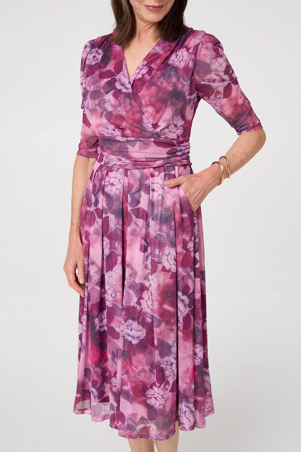 Floral Mesh Texture Pleated Midi Dress Full Length View