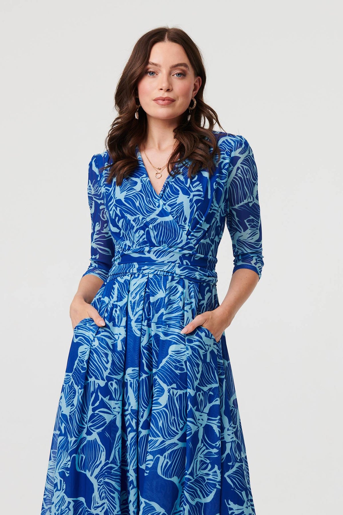 Leaf Print Mesh Layer Midi Wrap Dress Styled View