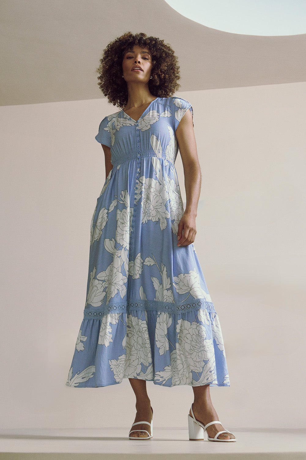 Floral Cap Sleeve Button-Up Maxi Dress Front View