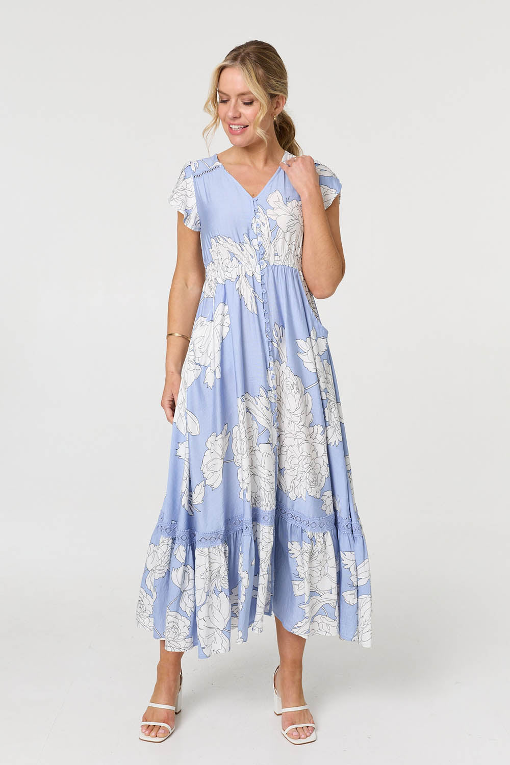 Floral Cap Sleeve Button-Up Maxi Dress Side View