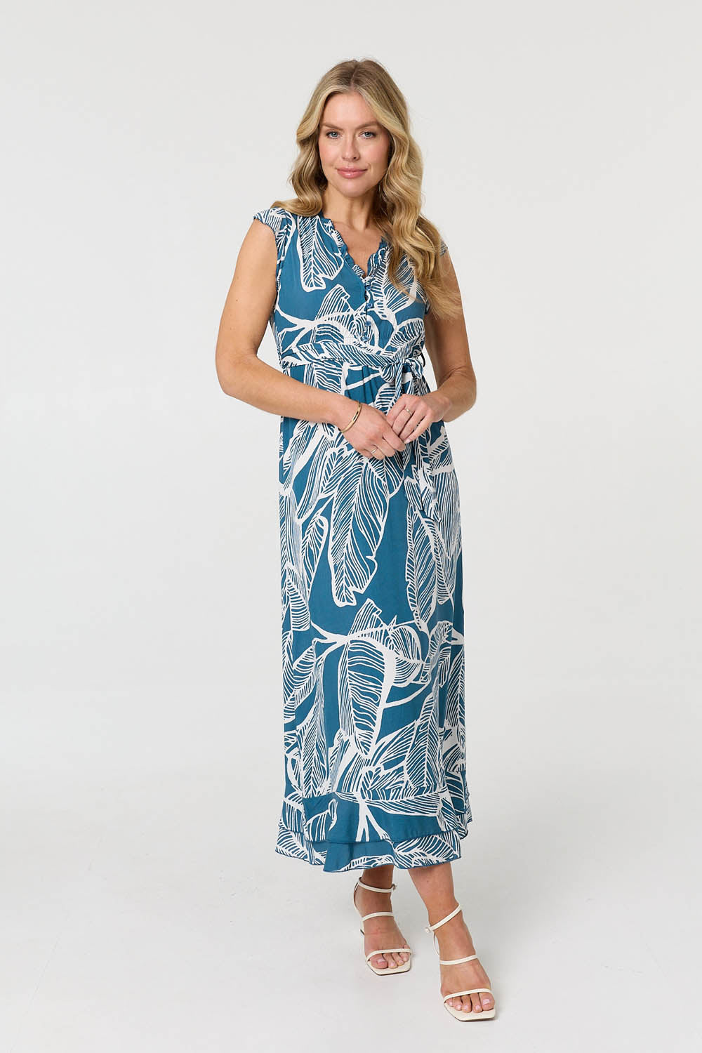 Leaf Print Sleeveless Maxi Dress Front View