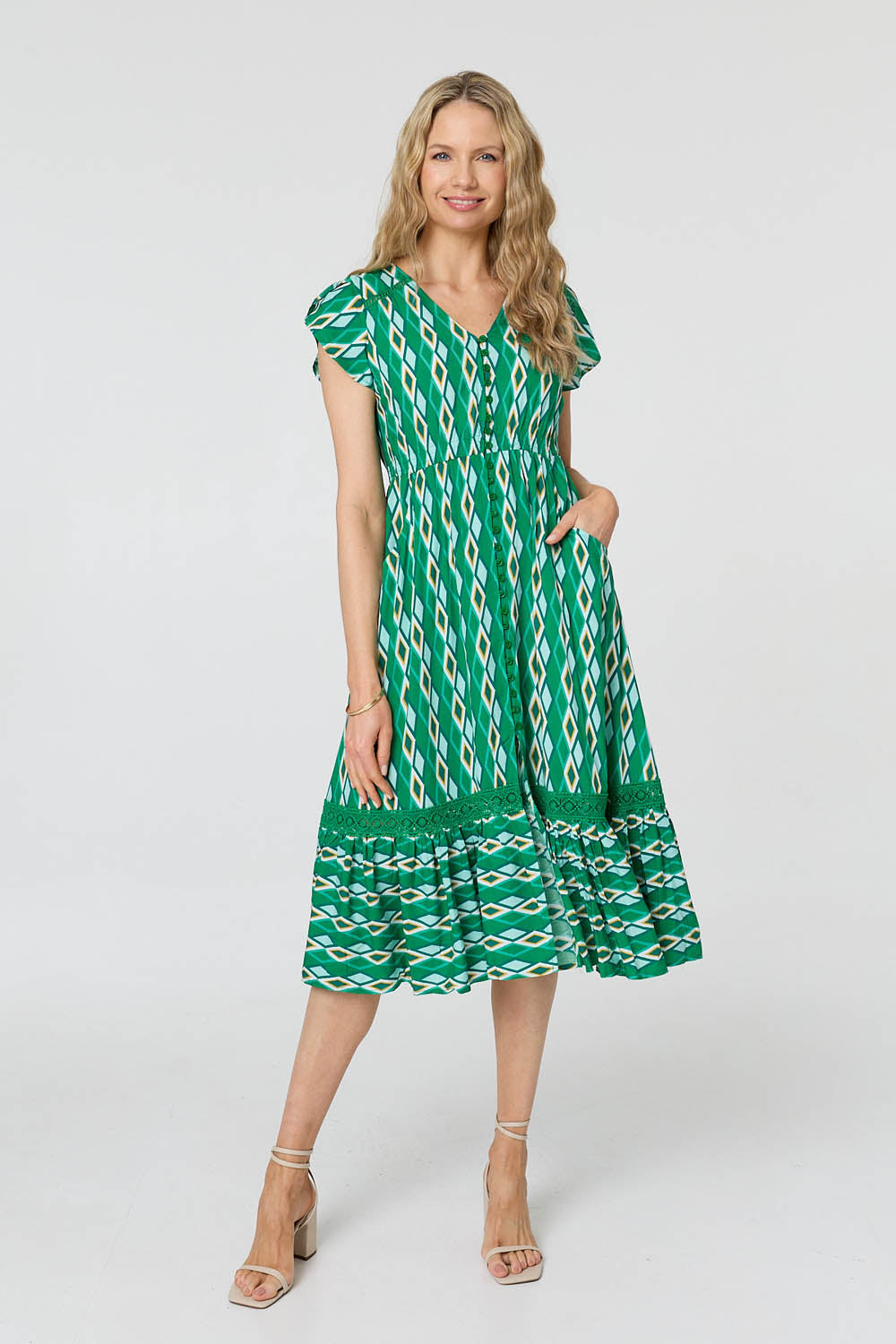 Geo Print Cap Sleeve Lace Midi Dress Front View