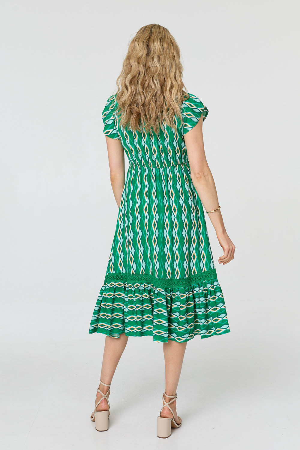 Geo Print Cap Sleeve Lace Midi Dress Side View