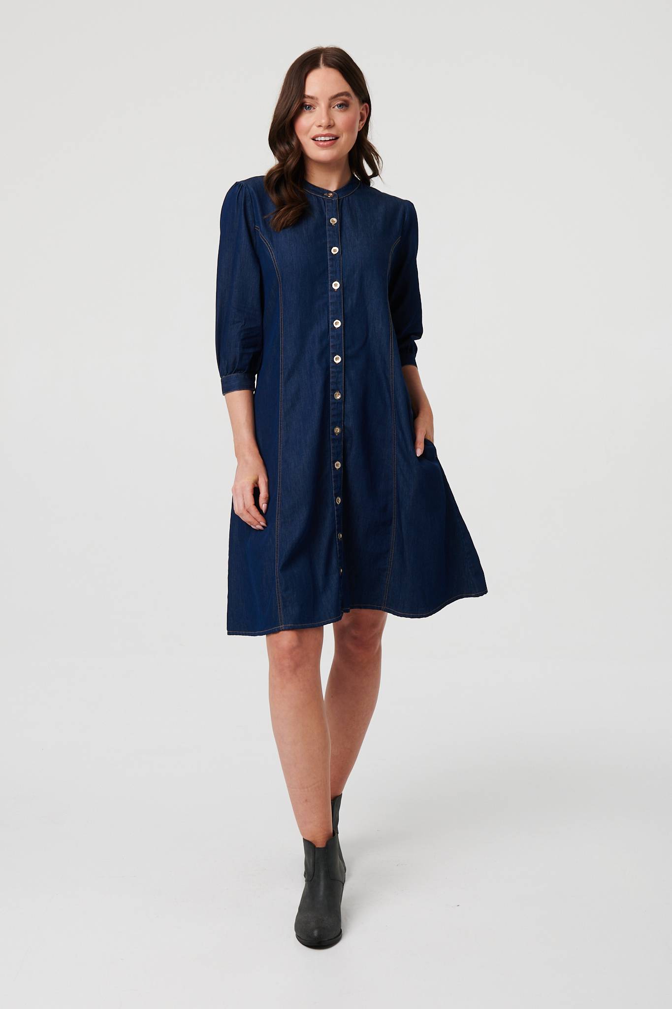 Collarless Knee Length Shirt Dress Back View