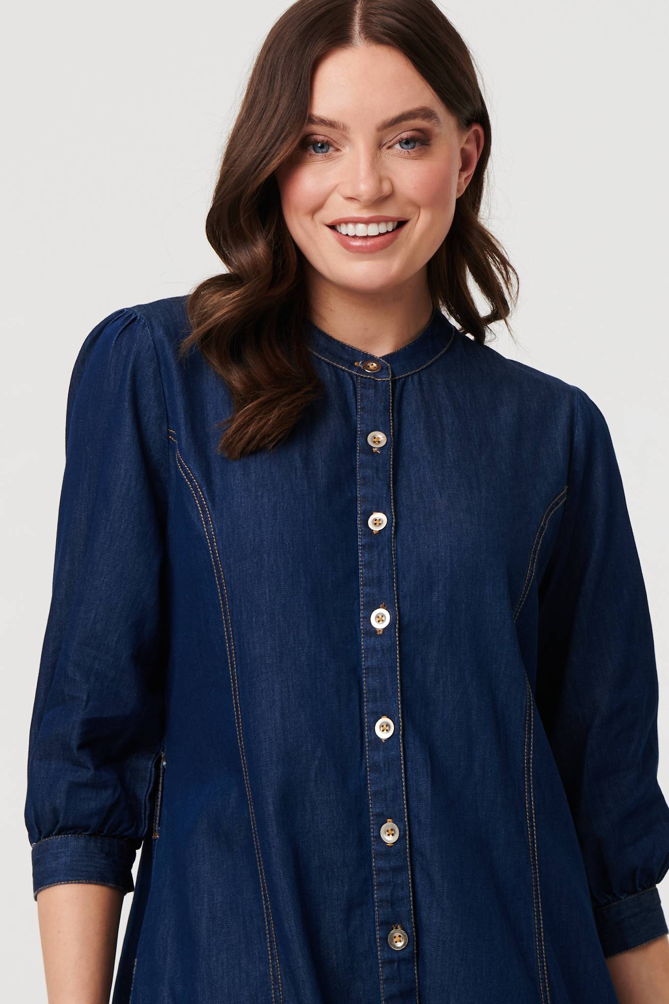 Collarless Knee Length Shirt Dress Full Length View