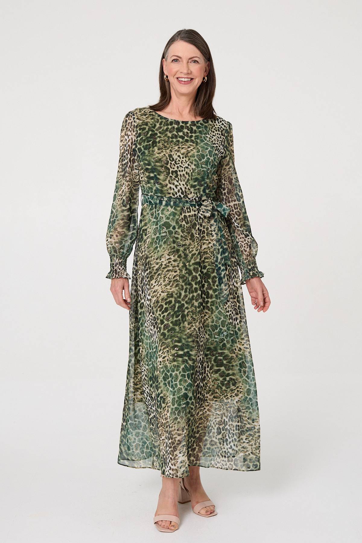 Animal Print Semi Sheer Tie Maxi Dress Front View
