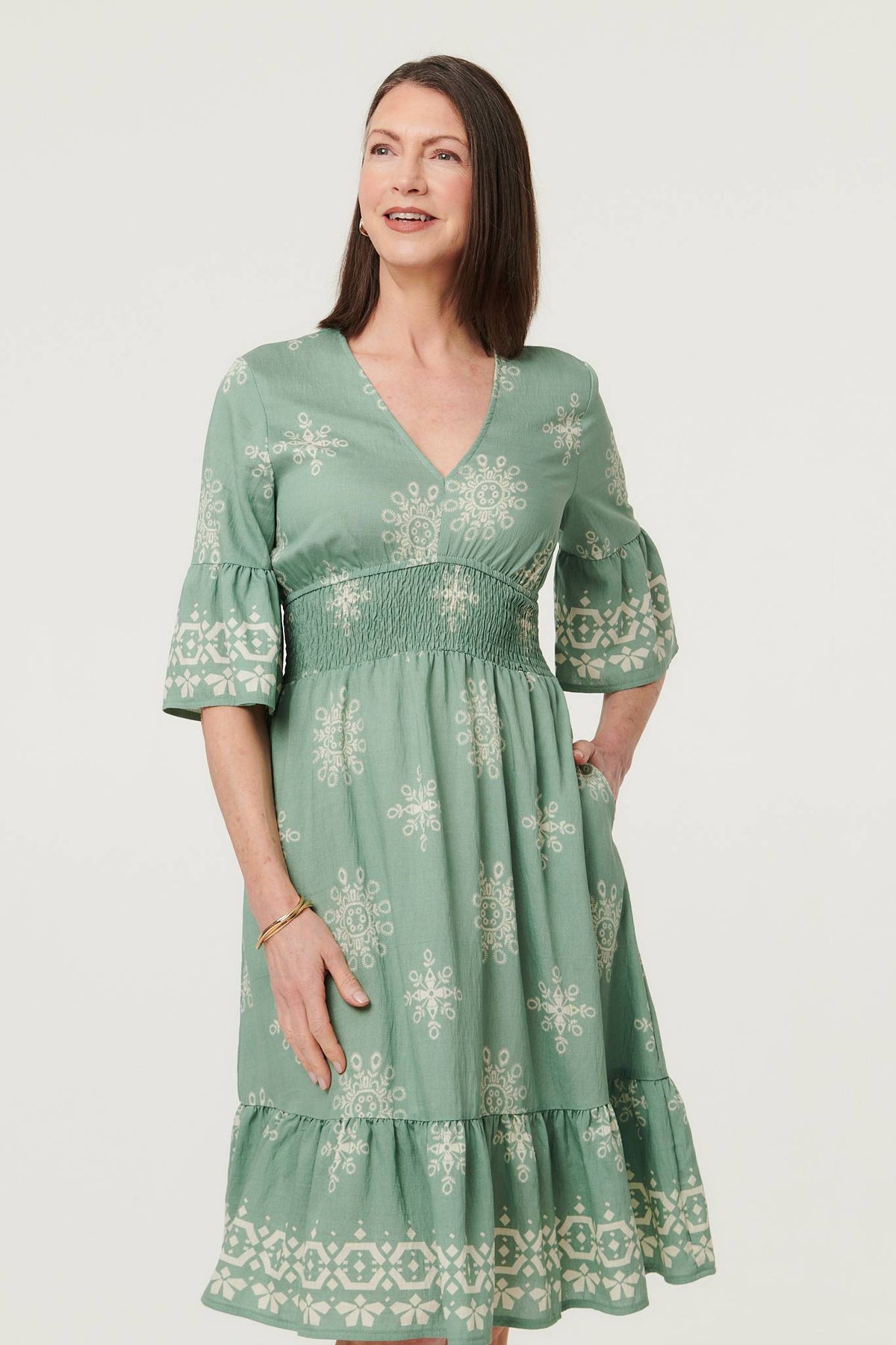Border Print Knee Length Dress Styled View
