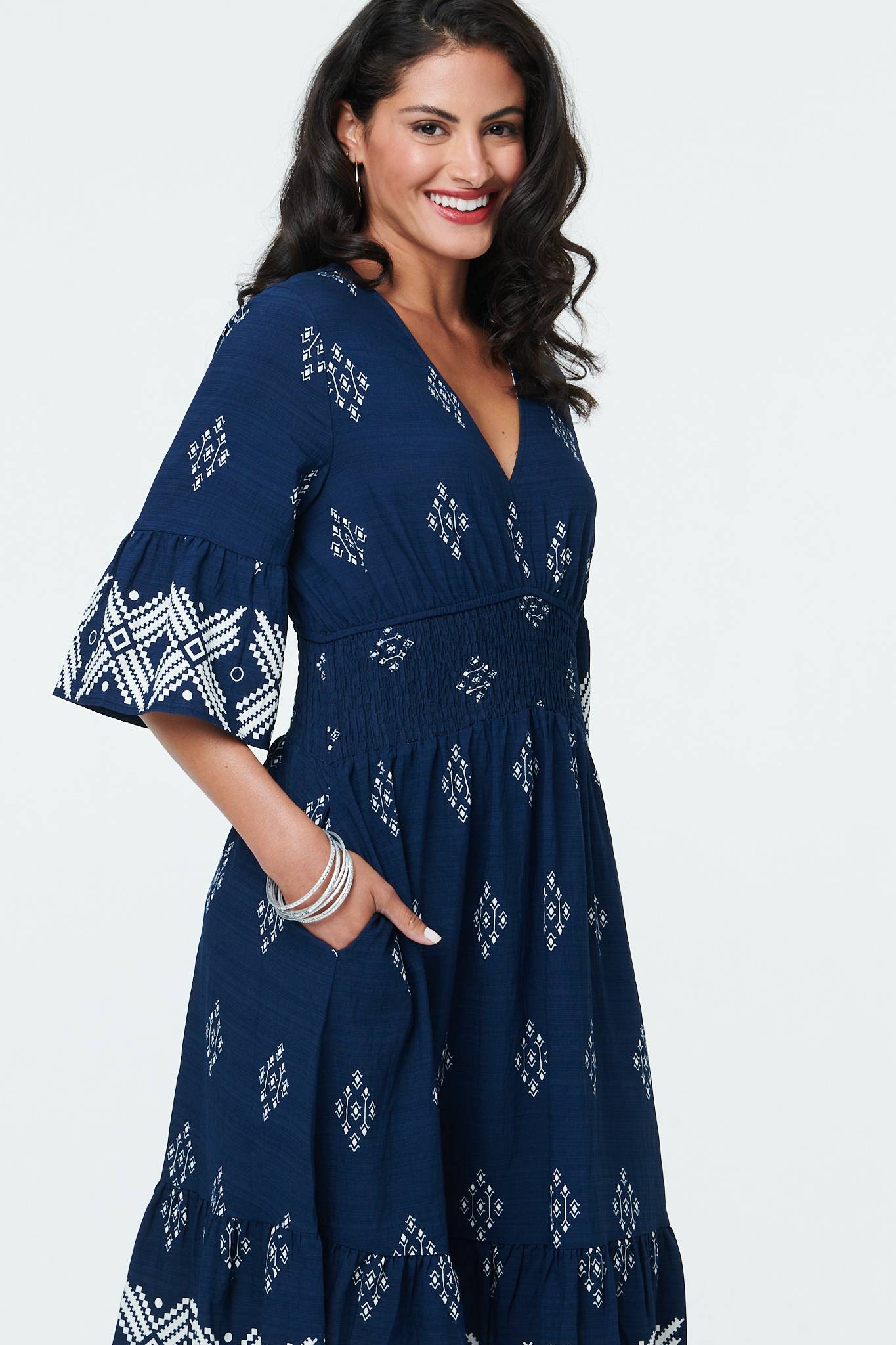 Border Print Relaxed Knee Length Dress Full Length View 3