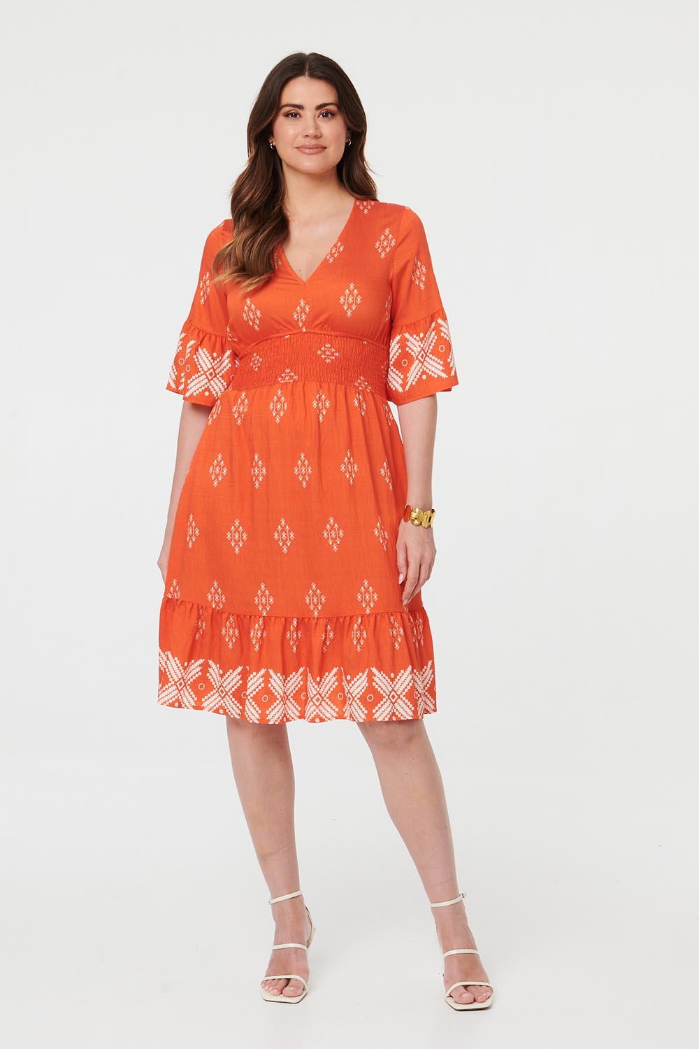 Border Print Relaxed Knee Length Dress Front View