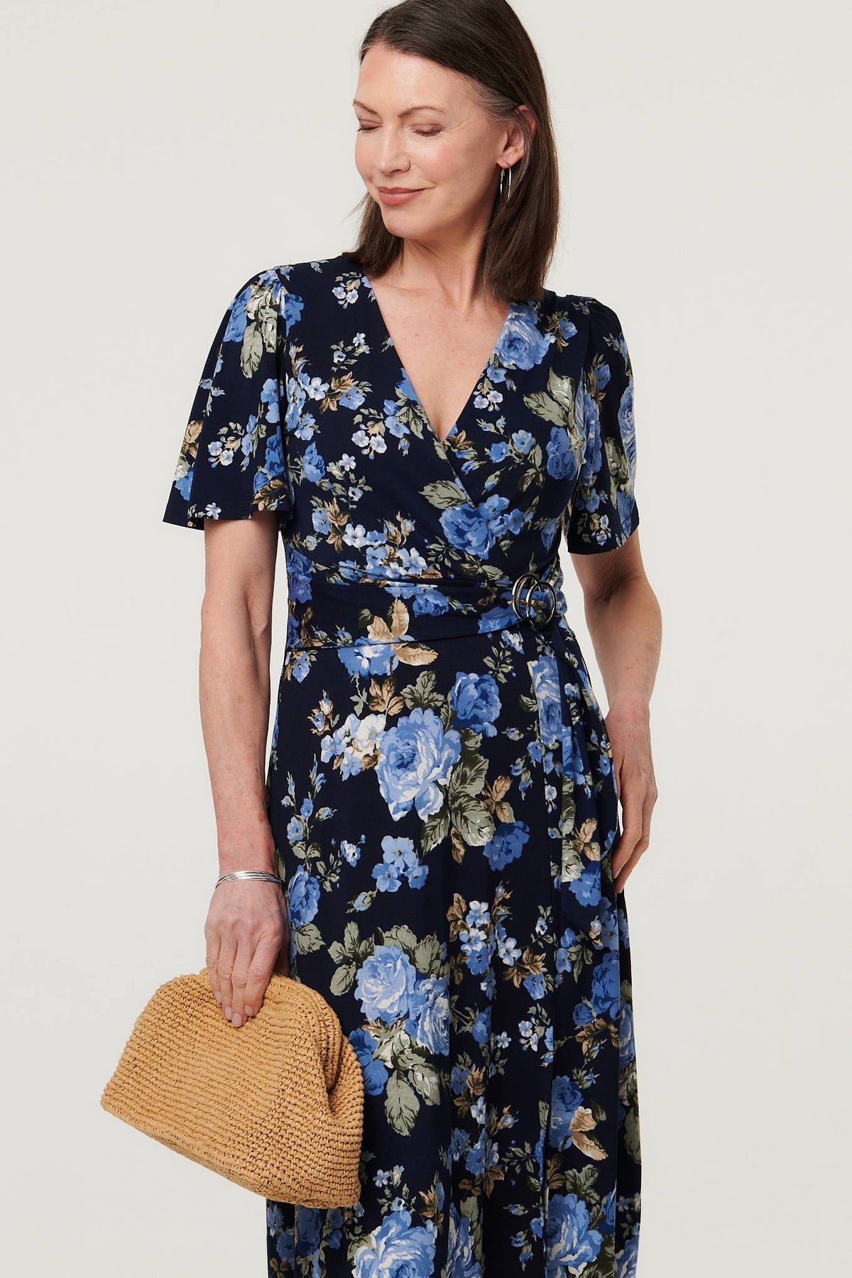 Floral Angel Sleeve Wrap Midi Dress Styled View