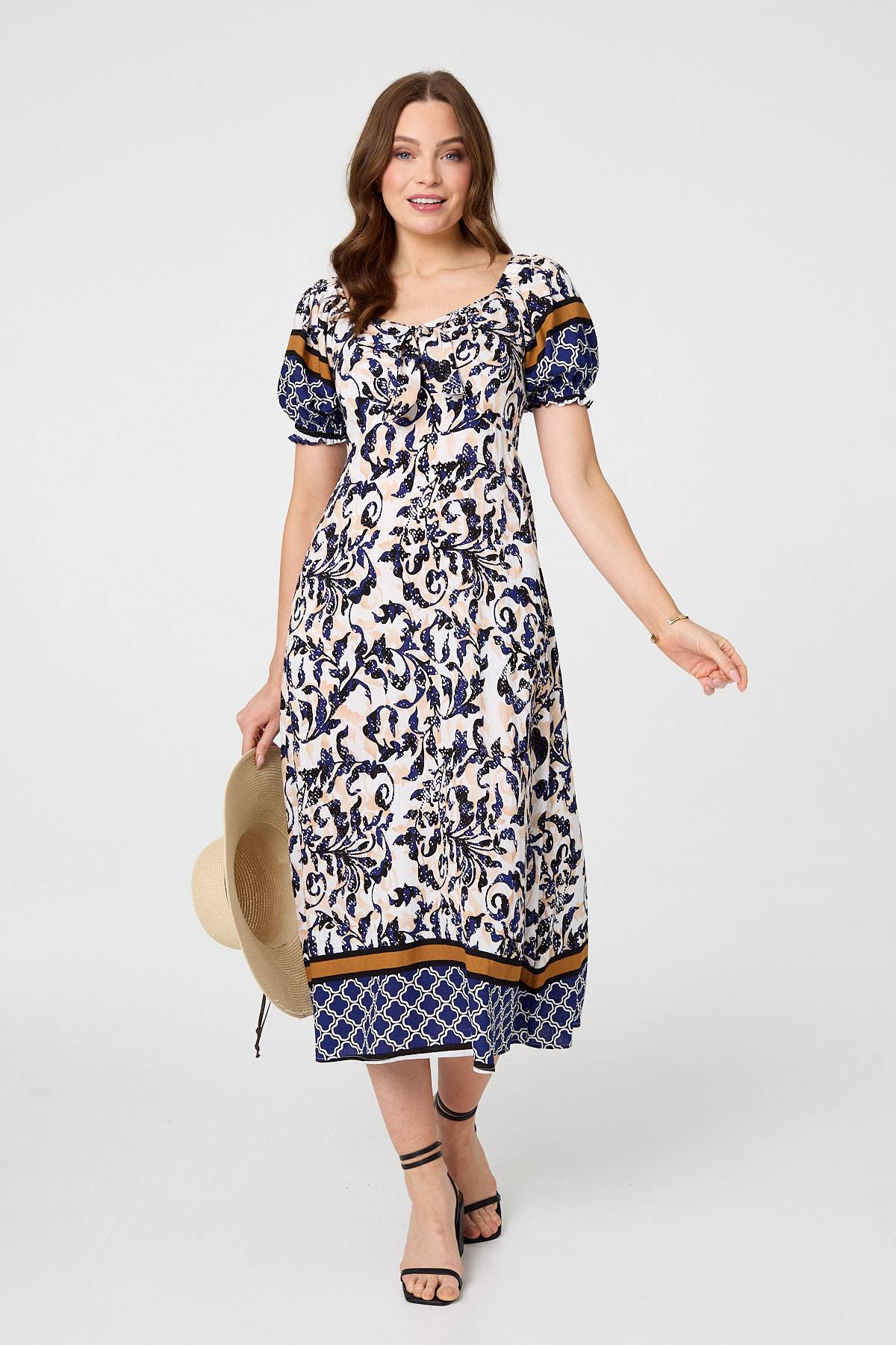 Floral Border Puff Sleeve Midi Dress Front View
