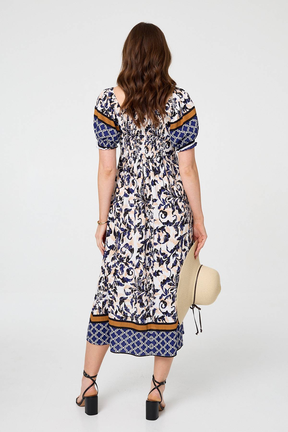 Floral Border Puff Sleeve Midi Dress Side View