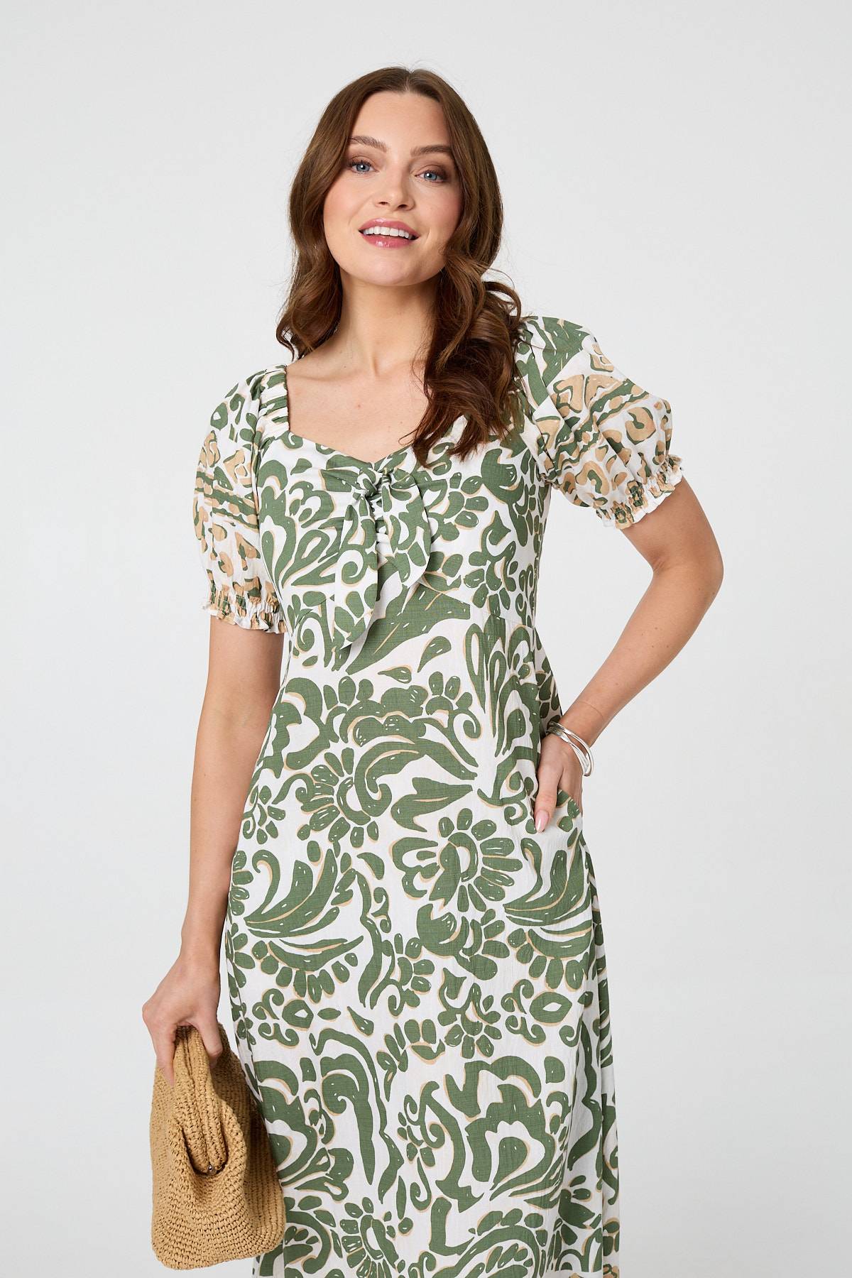 Printed Tie Front Puff Sleeve Midi Dress Back View