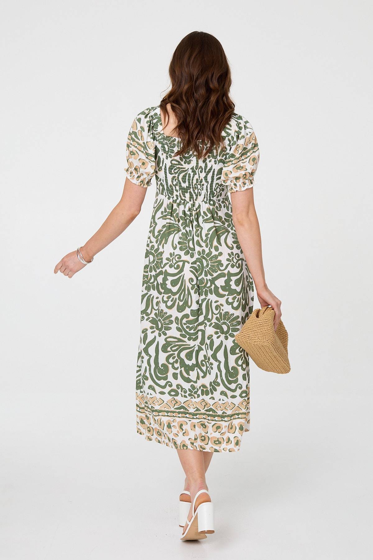 Printed Tie Front Puff Sleeve Midi Dress Side View