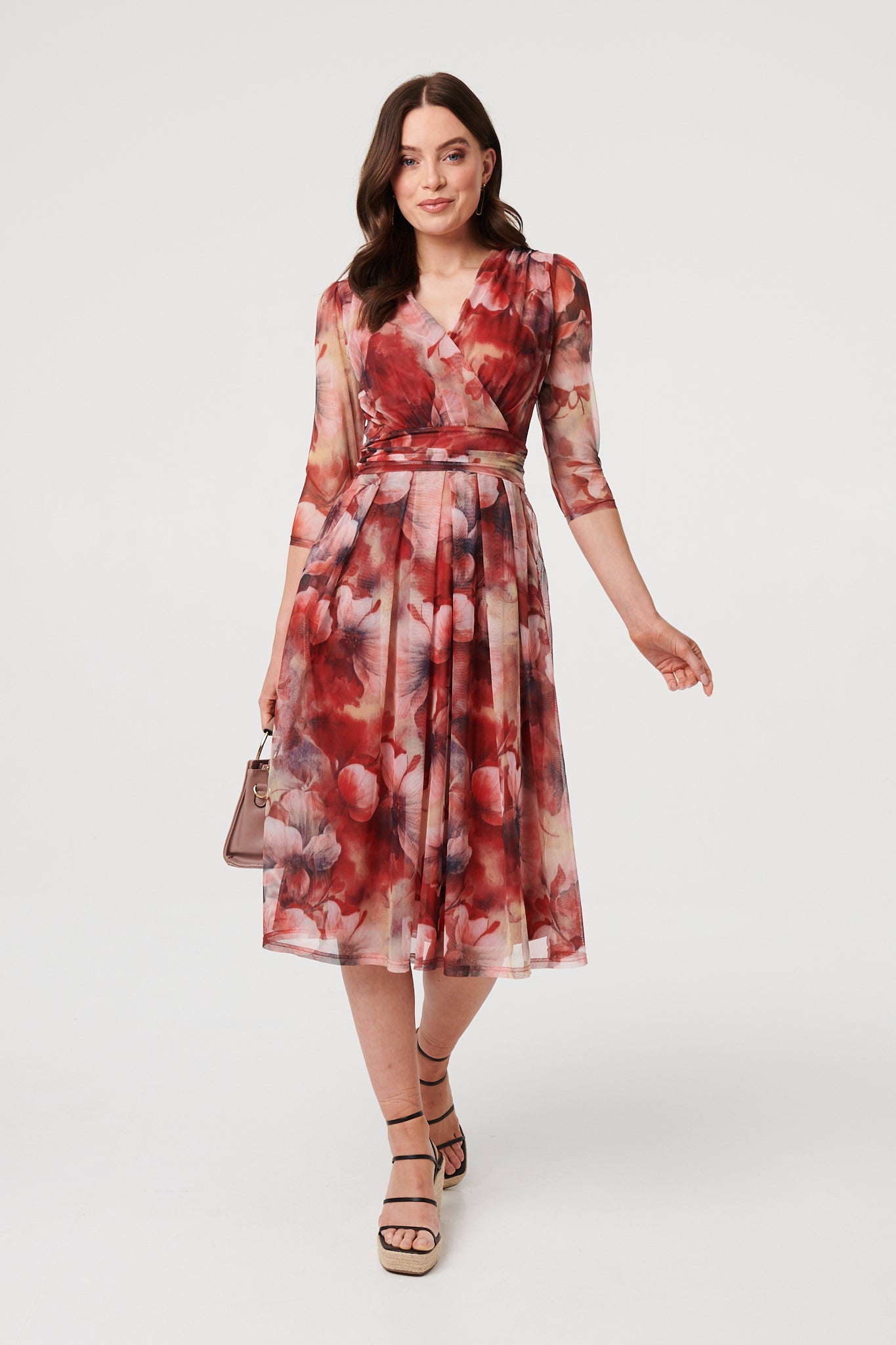 Floral 3/4 Sleeve Mesh Midi Wrap Dress Front View