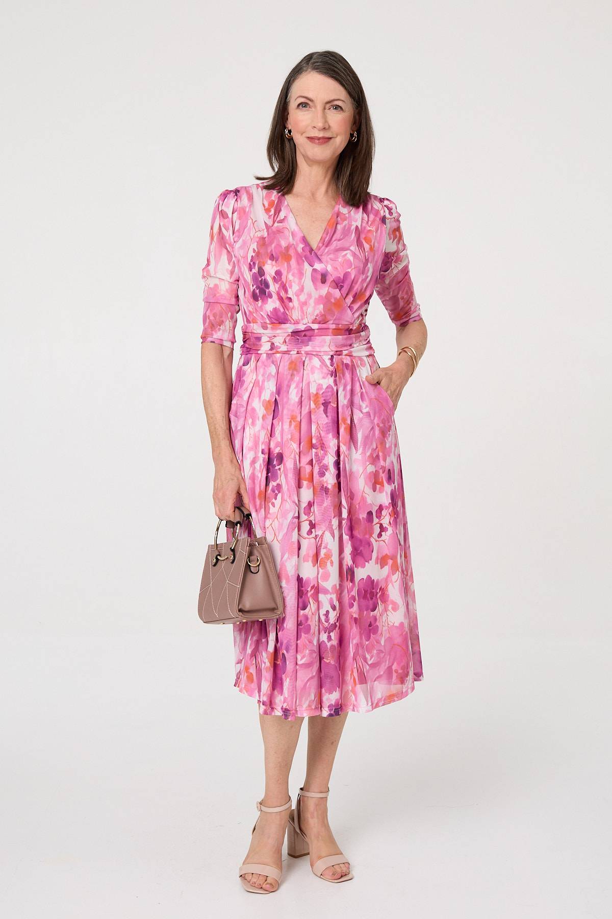 Printed Mesh Layer Pleat Wrap Midi Dress Front View