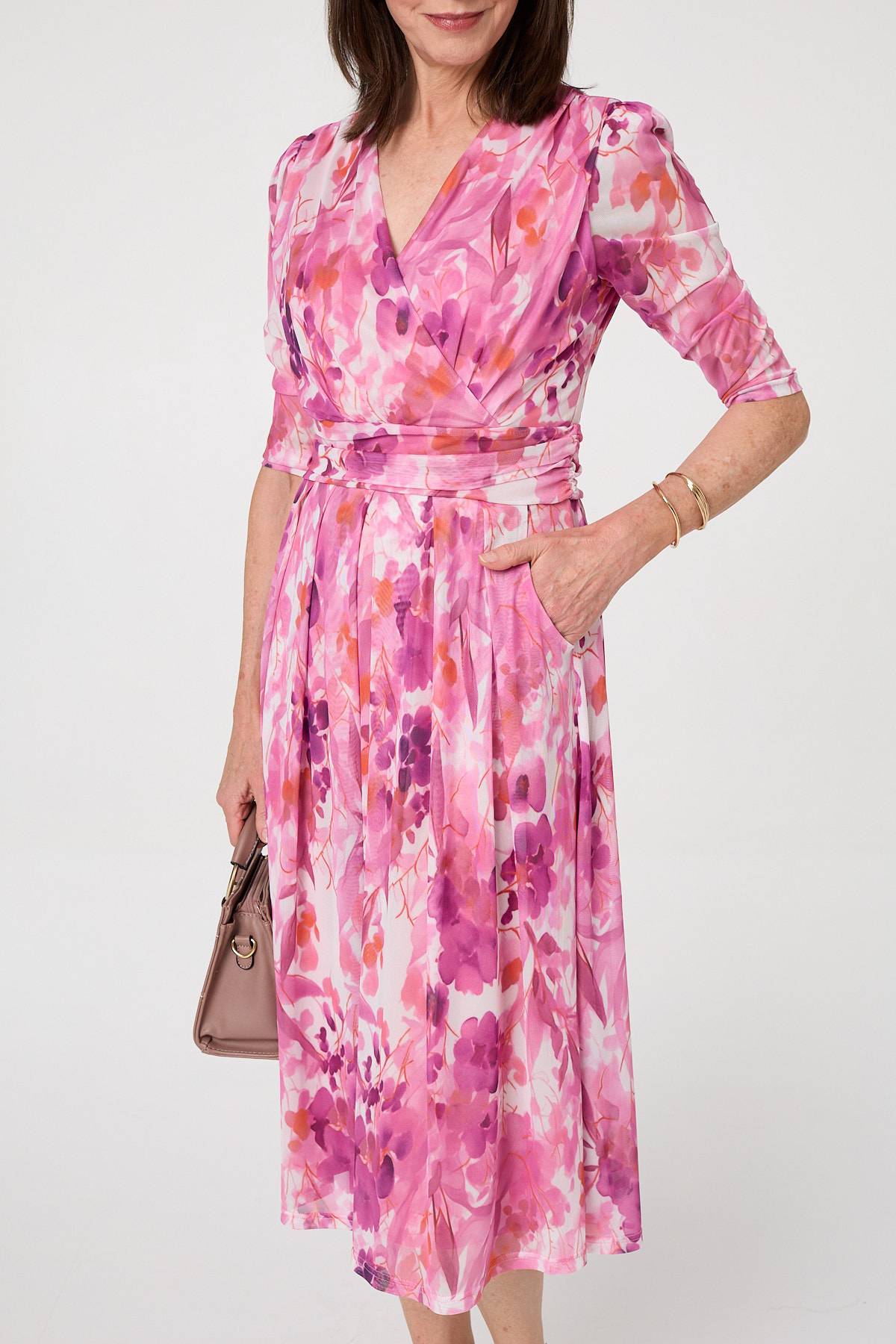 Printed Mesh Layer Pleat Wrap Midi Dress Styled View