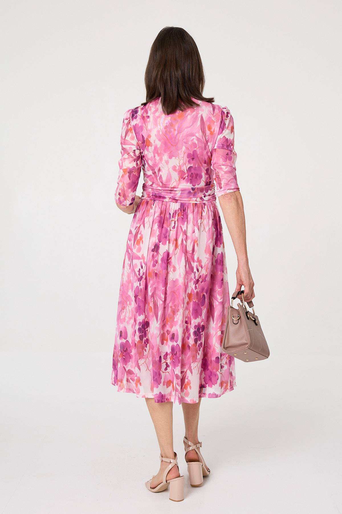 Printed Mesh Layer Pleat Wrap Midi Dress Side View