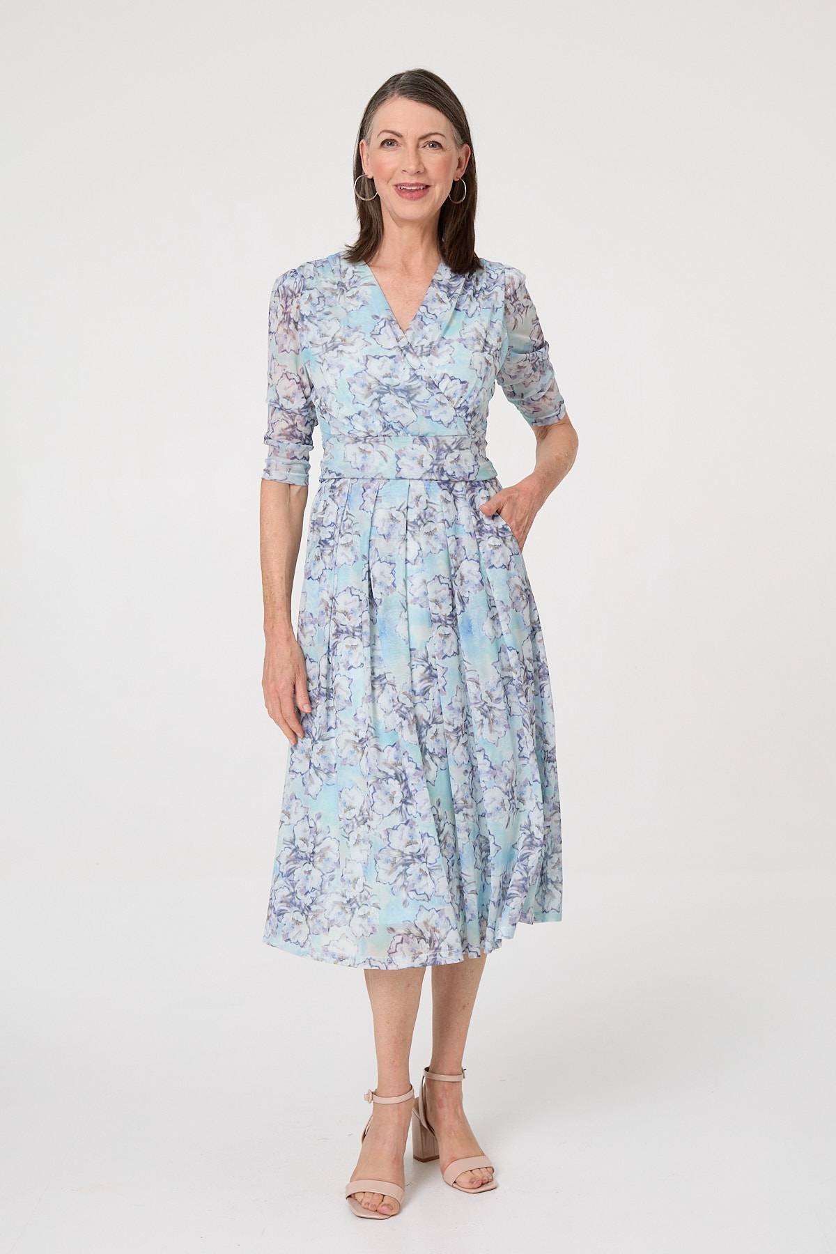 Printed Mesh Texture Midi Wrap Dress Front View